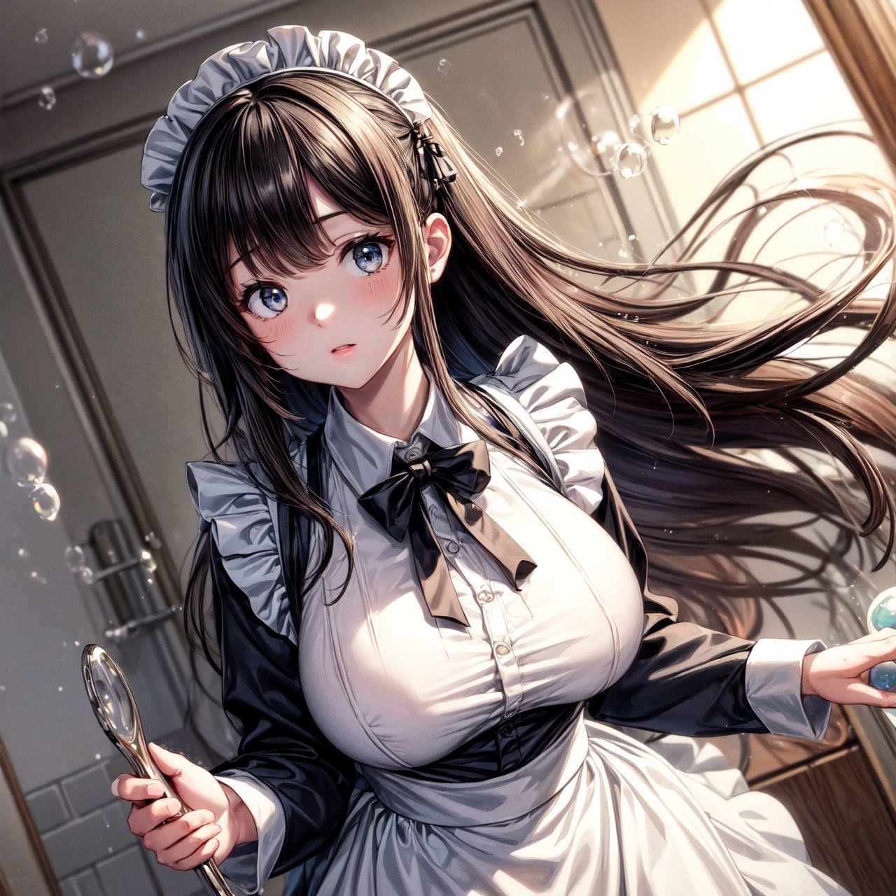 masterpiece,best quality,ultra detailed,4K,super fine illustration,highly detailed beautiful face and eyes,(Fluffy:1.2),fuwafuwa,professional lighting,1girl,loli,gigantic breasts,glamor,(traditional maid collared shirt:1.3),long skirt,long hair,(cleaning with a sponge:1.2),dynamic pose,(bubbles:1.3),(covered in bubbles:1.4),floating bubbles,in bath room,indoors,dynamic angle,