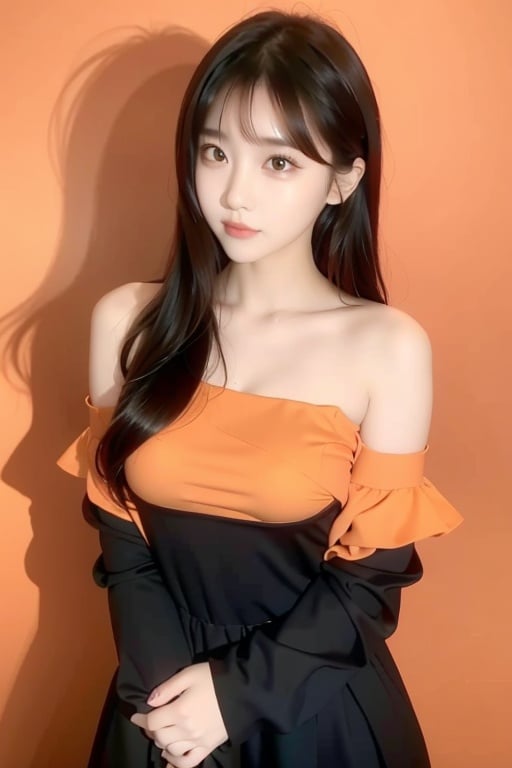  1girl,hair with bangs,black long dress,orange background, ,