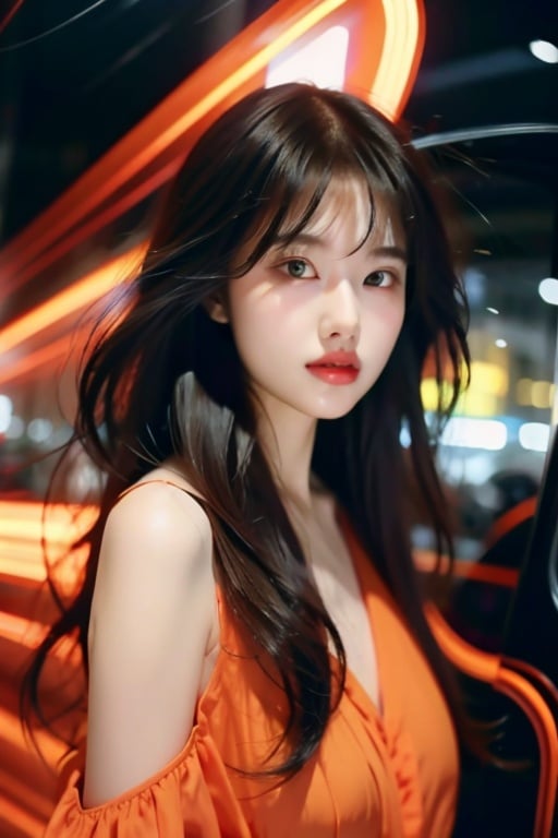  1girl,hair with bangs,black long dress,orange background,