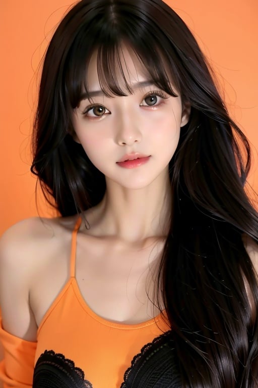 1girl,hair with bangs,black long dress,orange background,