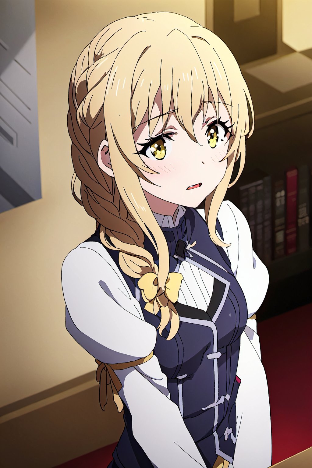 Uketsuke-jou,1girl, solo, braid, blonde hair, open mouth, looking at viewer, yellow eyes, blush, anime coloring, hair between eyes, long hair, bow, hair bow, bangs

high quality,best quality,ultra detailed,masterpiece,

