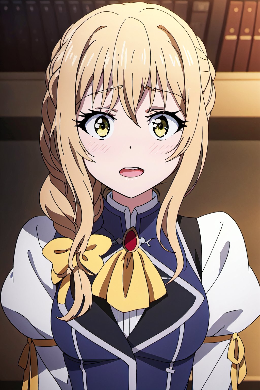 Uketsuke-jou,1girl, braid, solo, yellow eyes, gloves, upper body, long sleeves, long hair, open mouth, blonde hair, blush, ascot, black gloves, puffy sleeves, bow, indoors, ribbon, single braid, anime coloring, hair bow, bangs, jewelry,ahegao face


high quality,best quality,ultra detailed,masterpiece,

