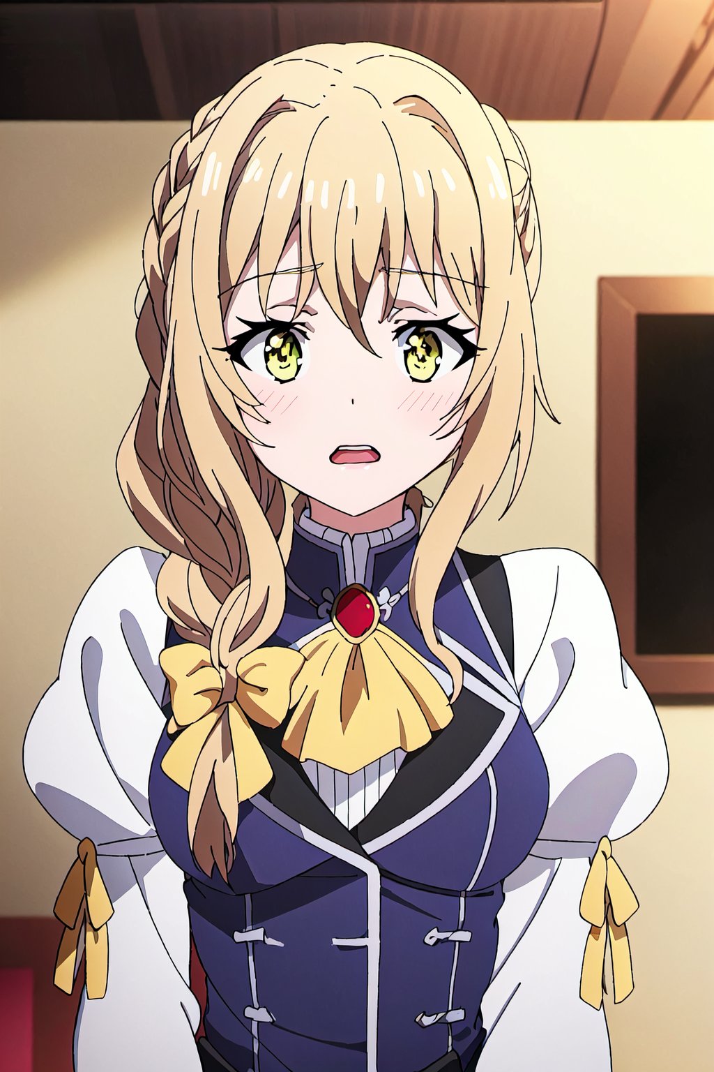 Uketsuke-jou,1girl, braid, solo, yellow eyes, gloves, upper body, long sleeves, long hair, open mouth, blonde hair, blush, ascot, black gloves, puffy sleeves, bow, indoors, ribbon, single braid, anime coloring, hair bow, bangs, jewelry


high quality,best quality,ultra detailed,masterpiece,

