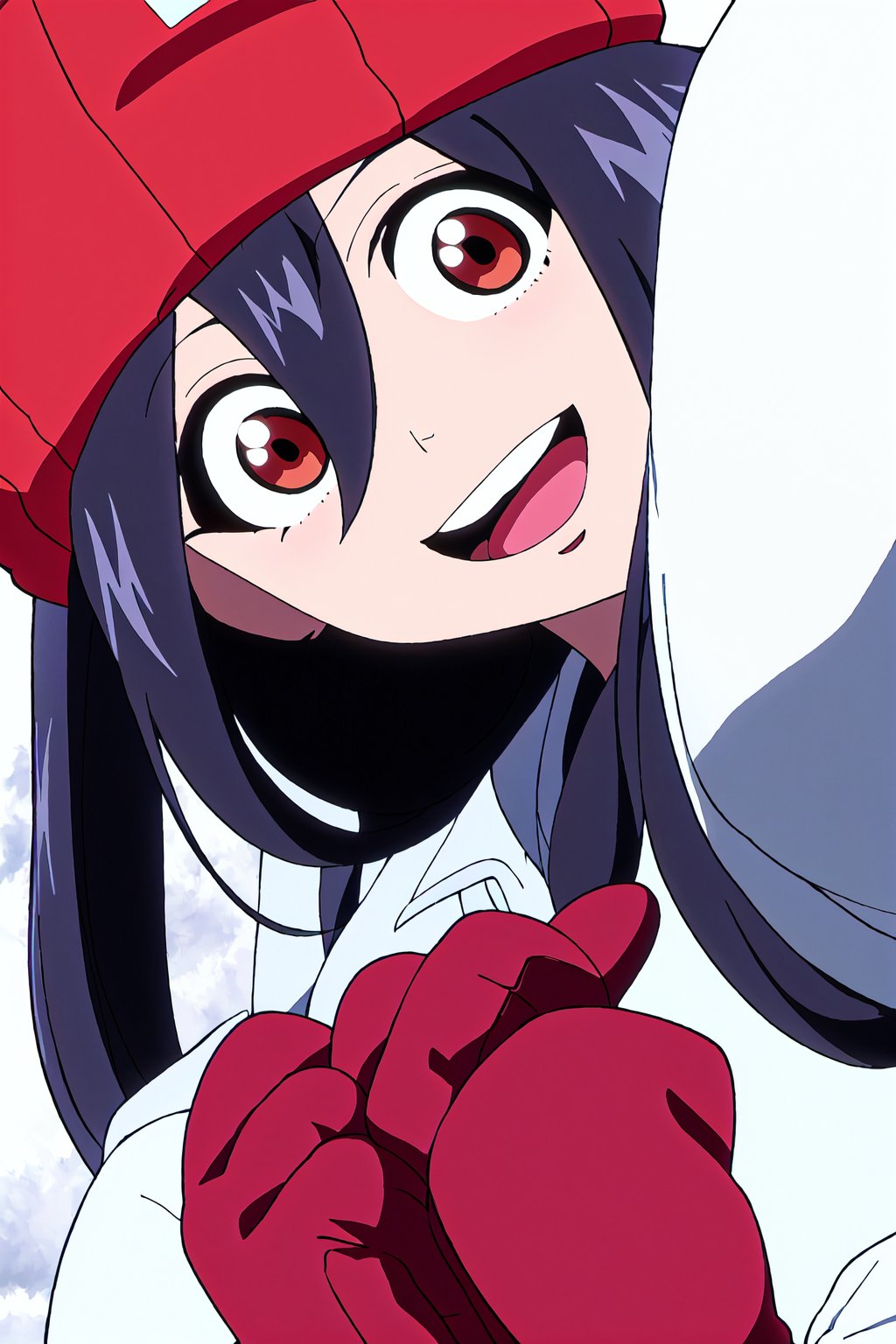 unluck,1girl, solo, black hair, hat, hair between eyes, open mouth, smile, brown eyes, beanie, looking at viewer, gloves, parody, cloud, long hair, teeth, :d, red headwear, portrait, close-up

high quality,best quality,ultra detailed,masterpiece,

