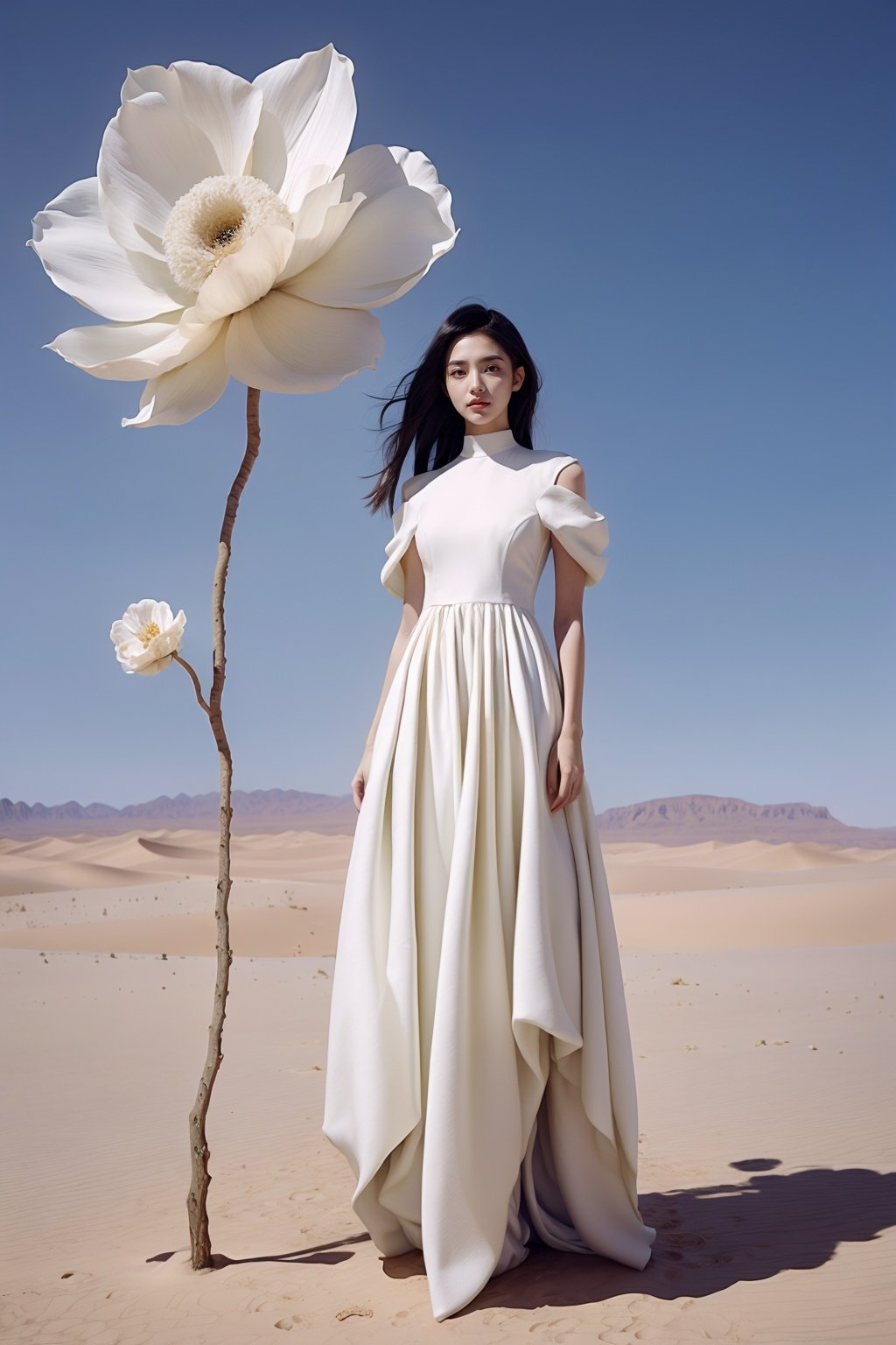 <lora:wlqc_20231012061315:0.8>Flower, 1 girl, solo, desert, sky, standing, black long hair, blue sky, sky, dress, separated sleeves, desert, shadow, long hair, white dress, looking at the audience, sand, (huge white flower)<lora:add_detail(1):0.4>