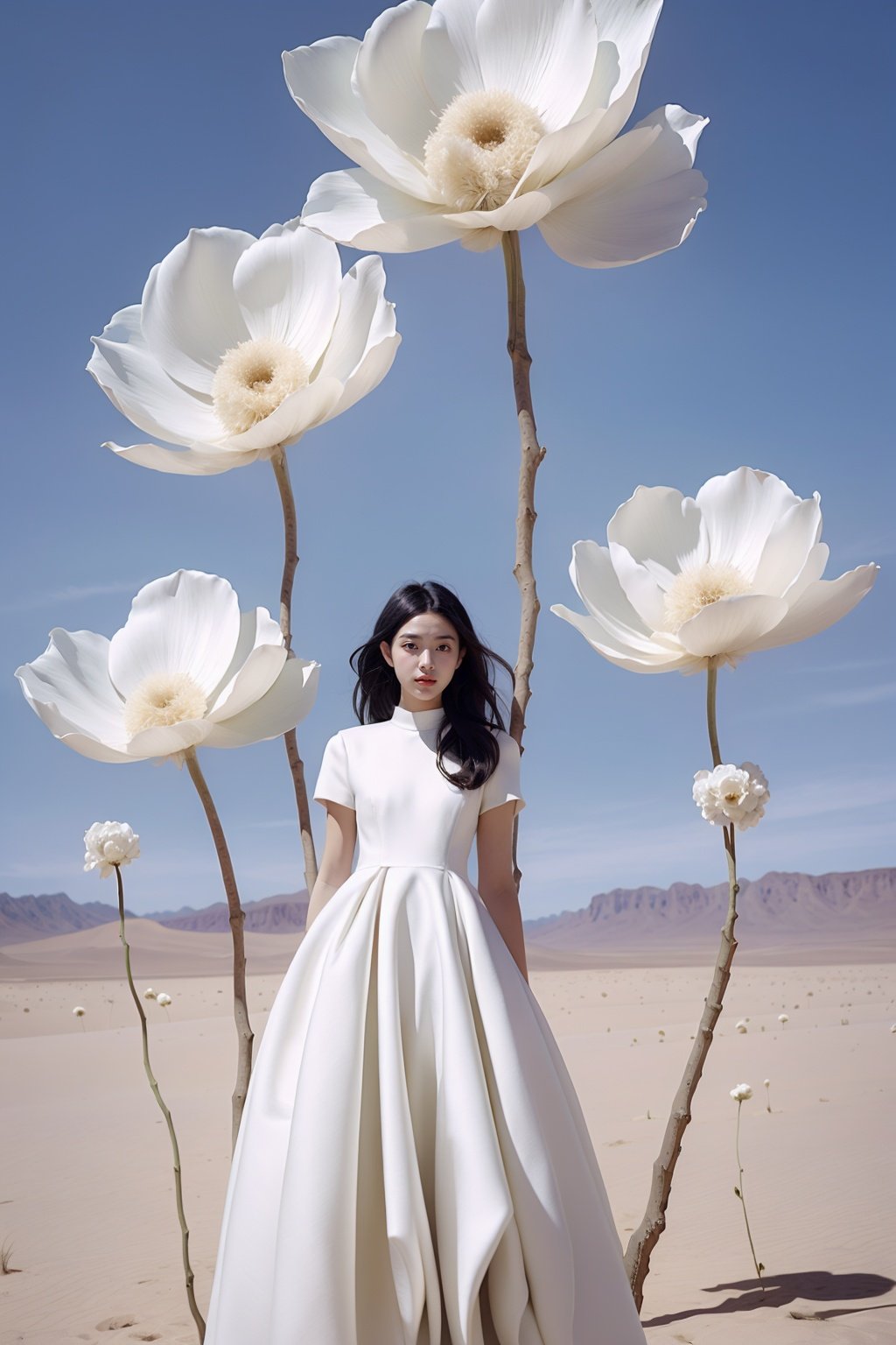 <lora:wlqc_20231012061315:0.85>1 girl, dress, single person, white dress, black hair, flowers, arms on both sides, looking at the audience, blue sky, standing, short sleeves, sky, day, outdoors, long hair floating up