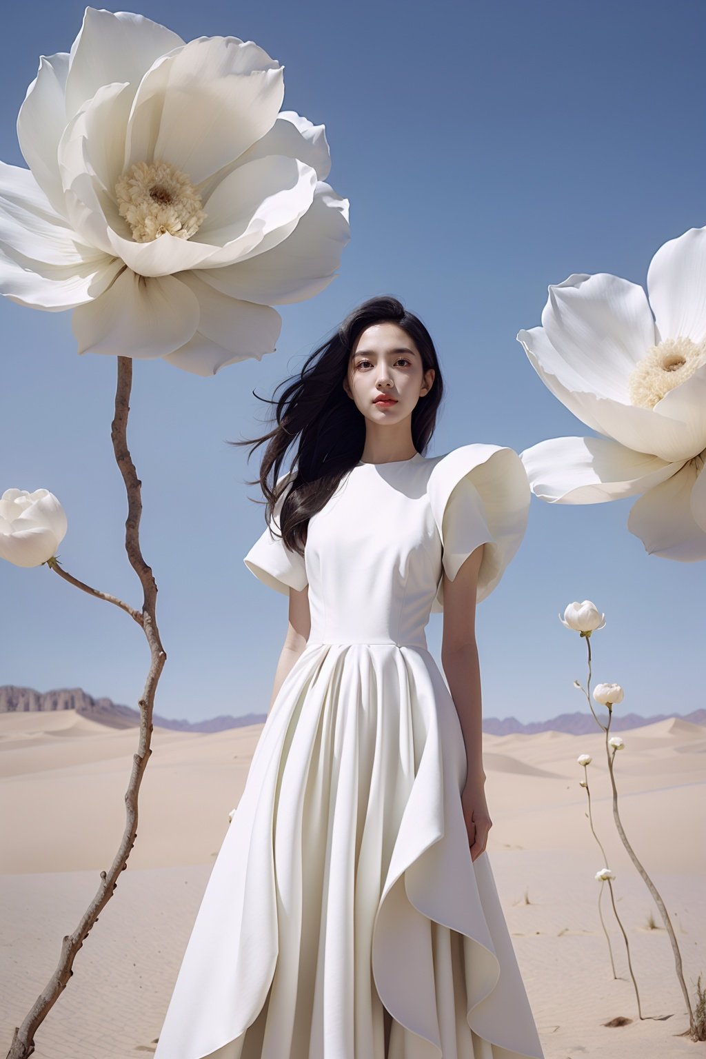 <lora:wlqc_20231012061315:0.85>1 girl, dress, single person, white dress, black hair, flowers, arms on both sides, looking at the audience, blue sky, standing, short sleeves, sky, day, outdoors, long hair floating up