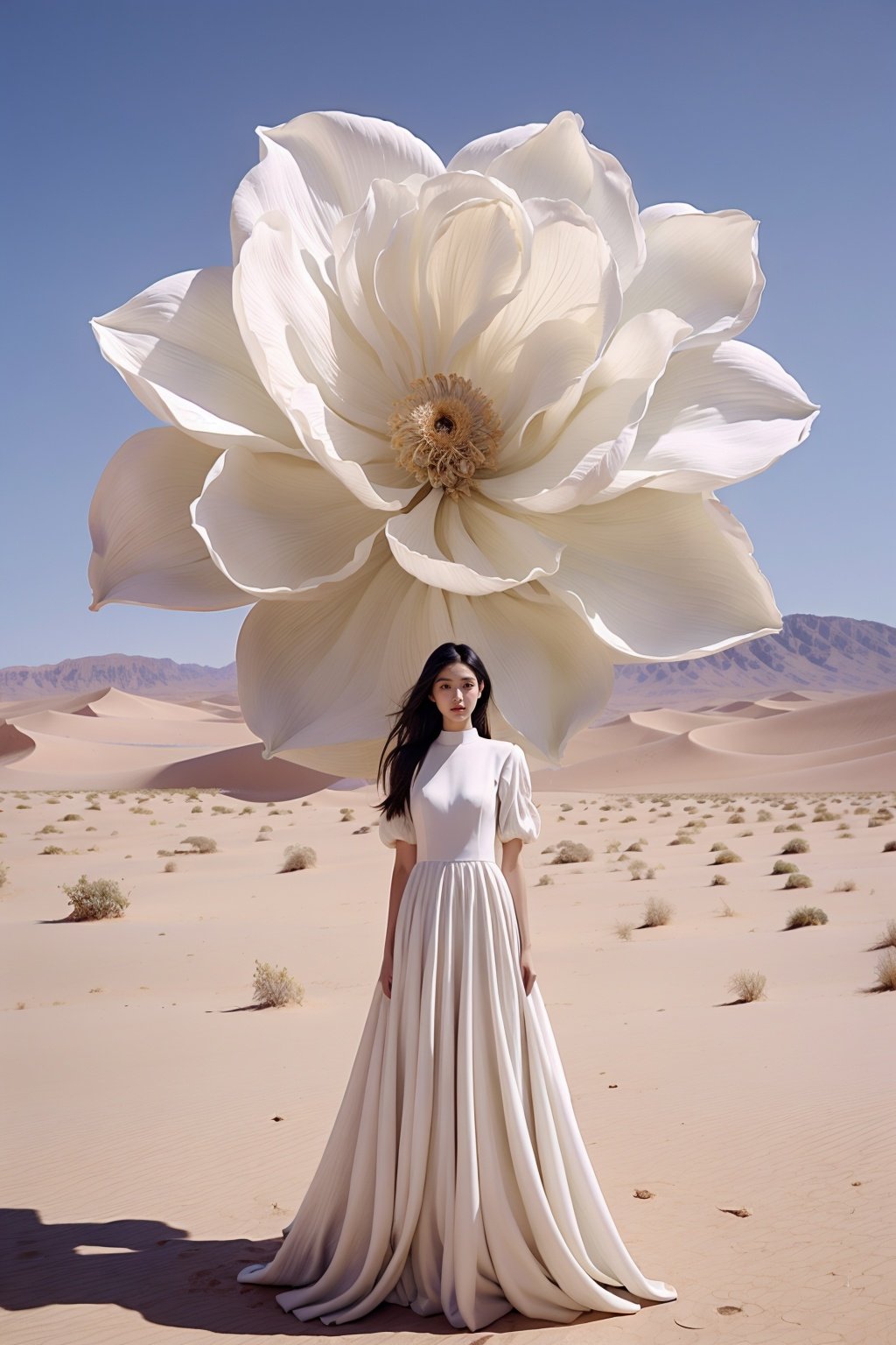 <lora:wlqc_20231012061315:0.8>Flower, 1 girl, solo, desert, sky, standing, black long hair, blue sky, sky, dress, separated sleeves, desert, shadow, long hair, white dress, looking at the audience, sand, (huge white flower)<lora:add_detail(1):0.4>