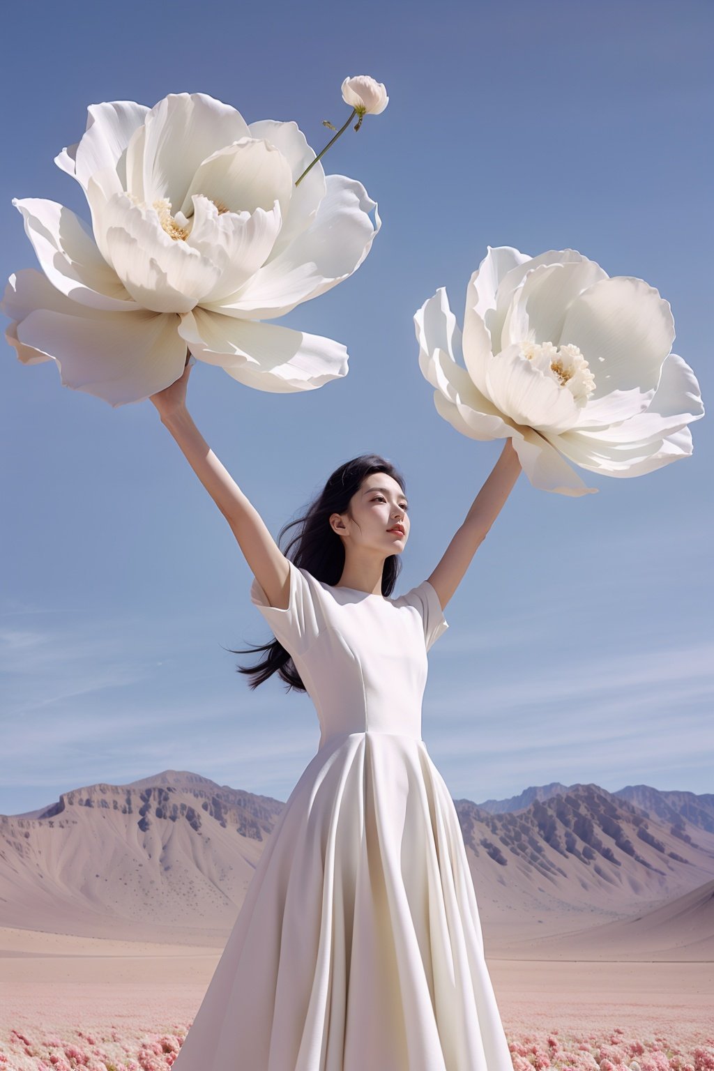 <lora:wlqc_20231012061315:0.85>1 girl, dress, single person, white dress, black hair, flowers, arms on both sides, looking at the audience, blue sky, standing, short sleeves, sky, day, outdoors, long hair floating up