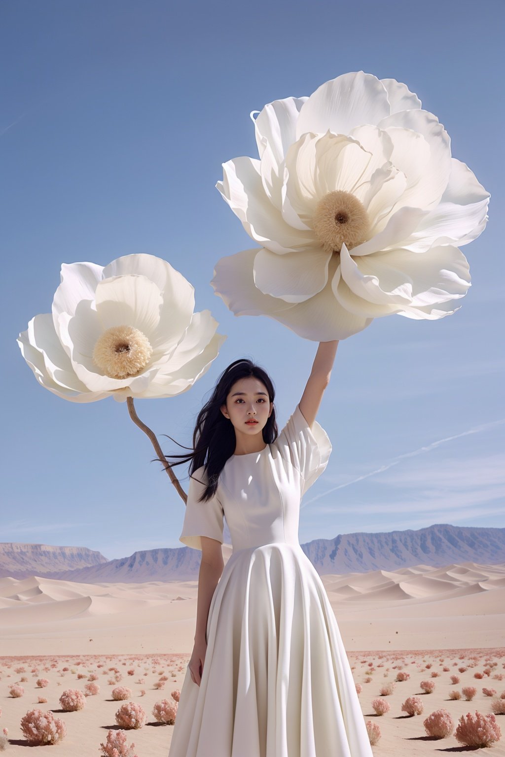 <lora:wlqc_20231012061315:0.85>1 girl, dress, single person, white dress, black hair, flowers, arms on both sides, looking at the audience, blue sky, standing, short sleeves, sky, day, outdoors, long hair floating up