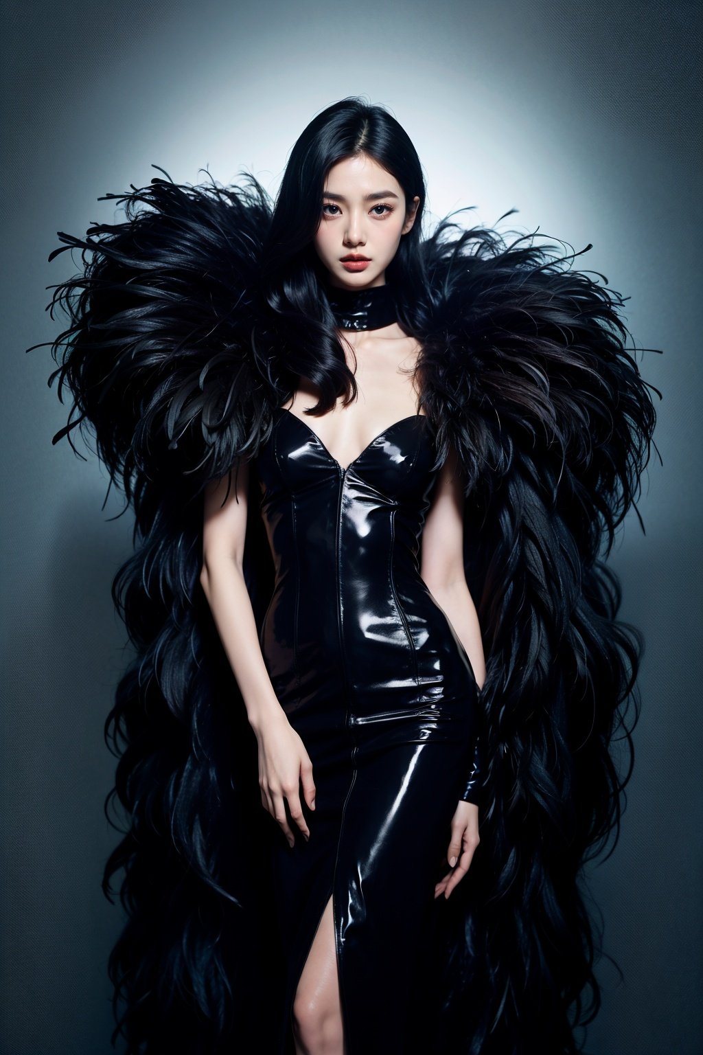 <lora:wlqc_20231008045726:0.85>Nana is wearing a black feather dress, similar in style to Nene Thomas, with contrasting proportions, desktop photography, leather/leather, Tang Yao hoong, high gloss, slender