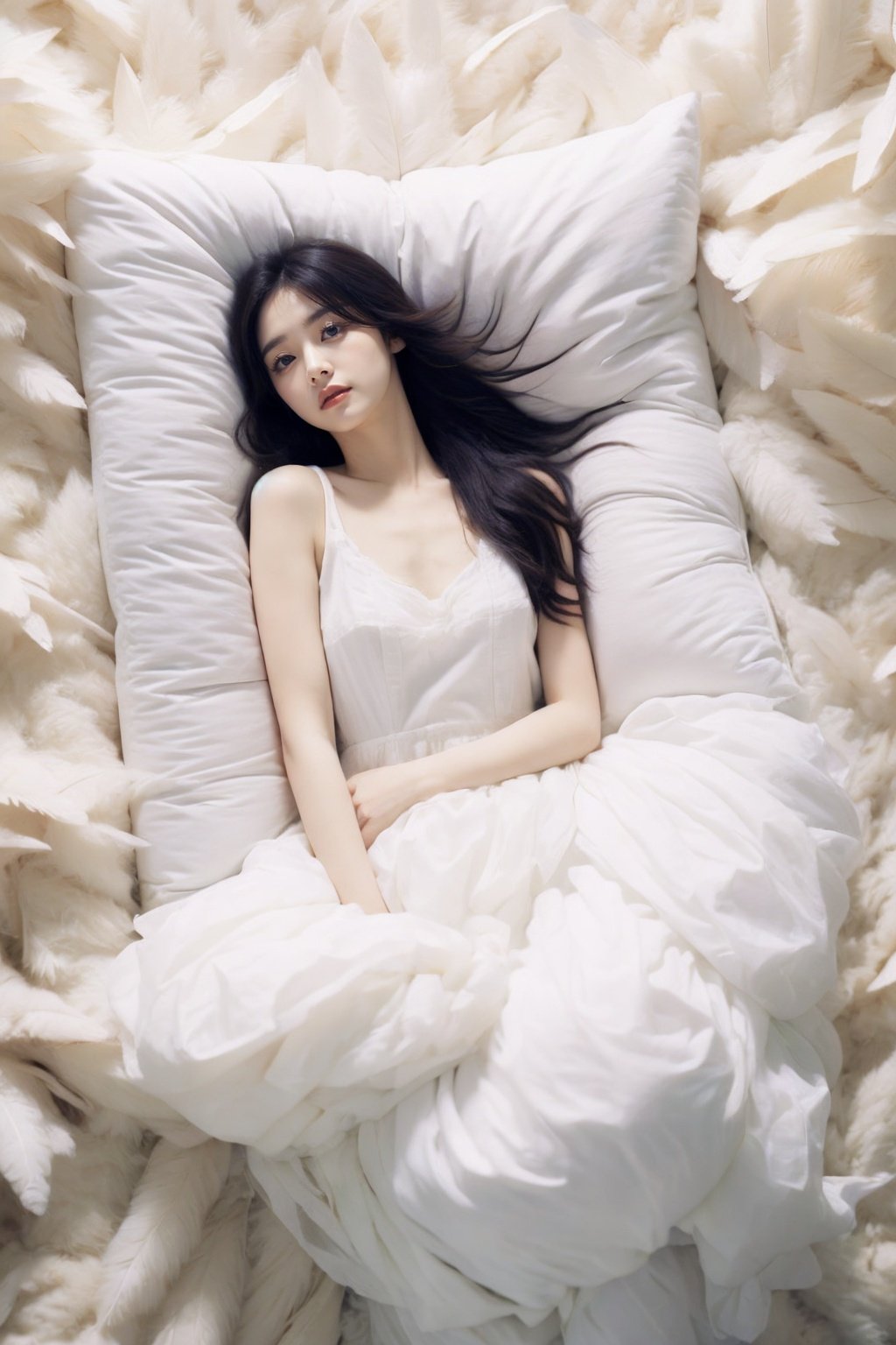 <lora:wlqc_20231013073450:0.85>a woman is lying in bed with pillows, in the style of gongbi, i can't believe how beautiful this is, angelic photograph, full body, white, 32k uhd, raw and edgy