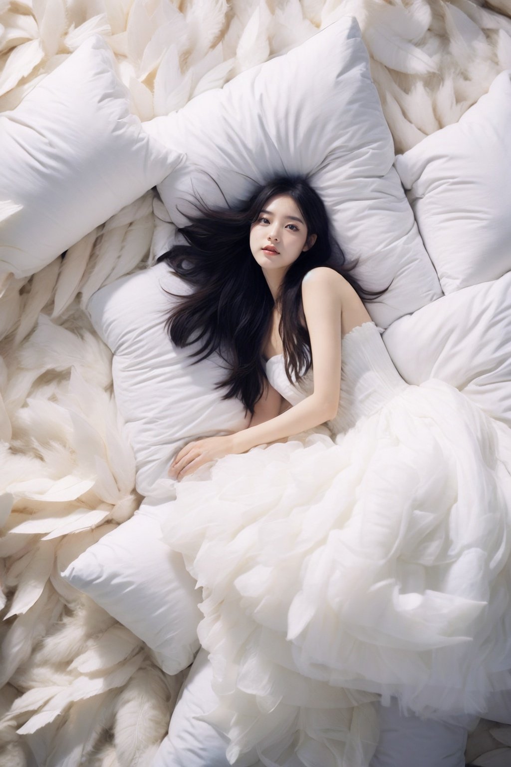 <lora:wlqc_20231013073450:0.9>1 girl, single person, long hair, dress, black hair, loose hair, realistic, white dress, (lying down 2), white pillow, bare shoulders, looking at the audience, strapless, brown eyes, strapless dress, (whole body 2)