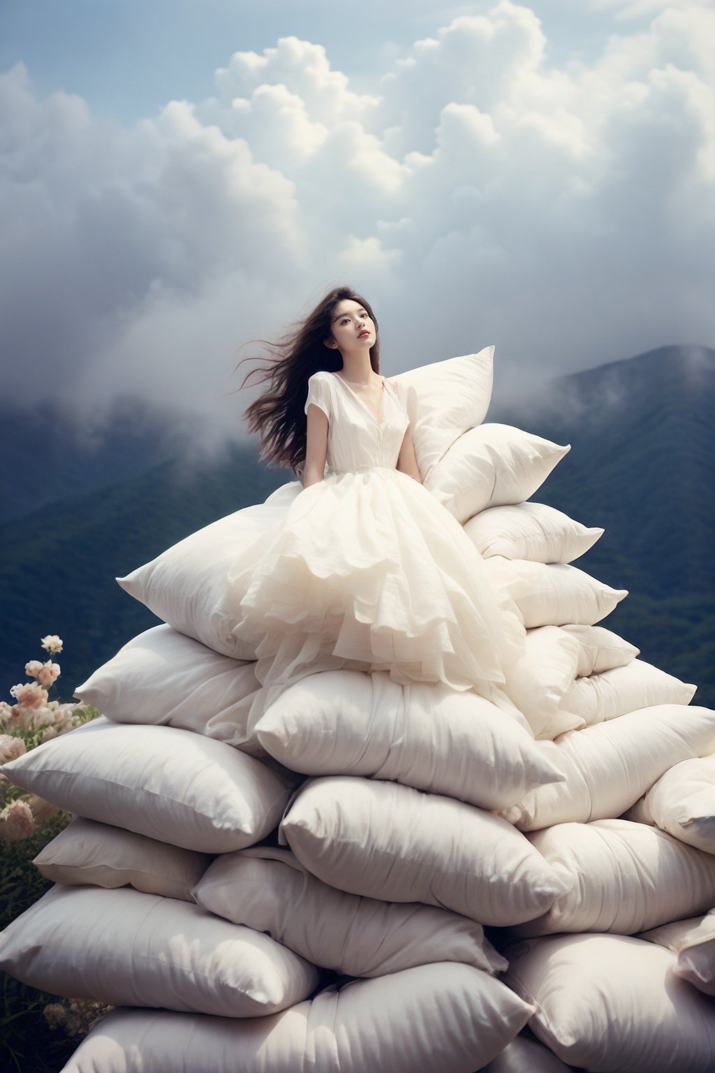 <lora:wlqc_20231013073450:0.85>the girl is standing between two giant piles of pillows and on top of them is a very beautiful white silk gown, in the style of gongbi, epic portraiture, nature's wonder <lora:add_detail(1):0.5>