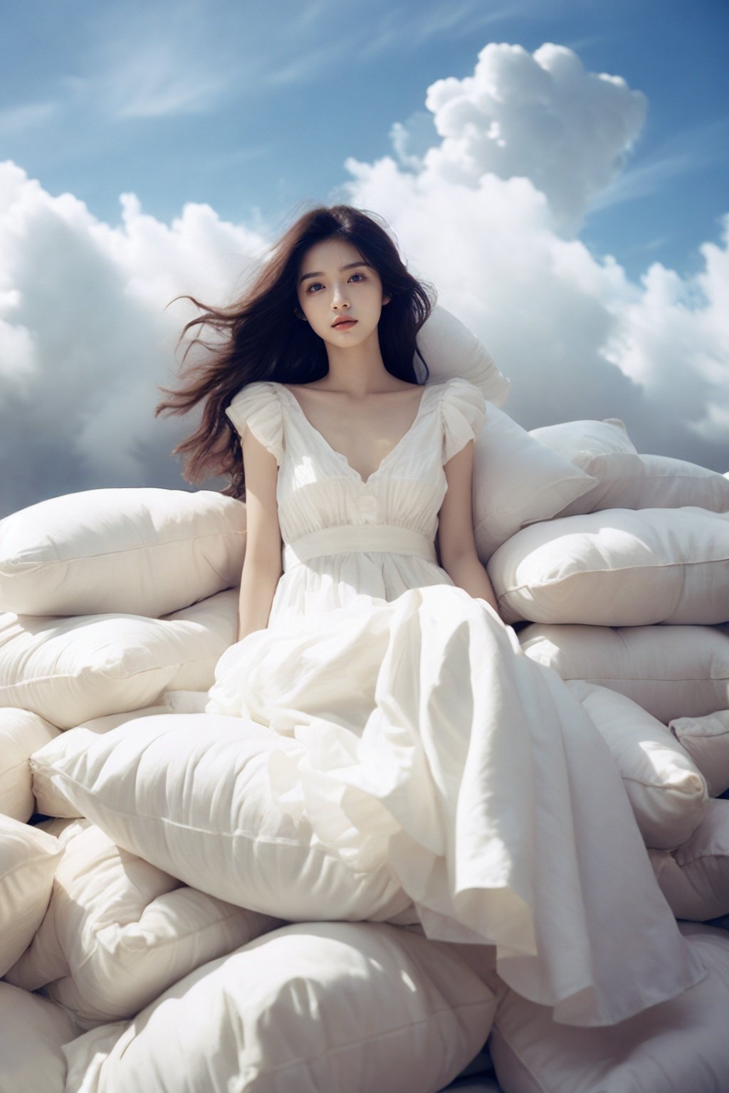 <lora:wlqc_20231013073450:0.85>A woman with long hair sitting on many pillows surrounded by clouds, brown eyes, Nana sauce style, ethereal beauty, sheet-like film, white, 32k uhd, fashionable photography, polished and deformed