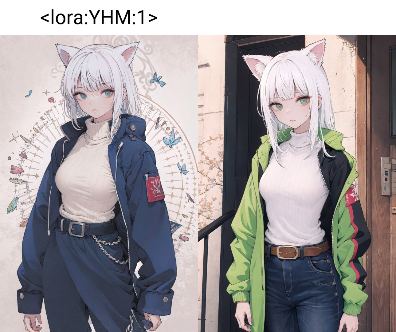 1girl, solo, white hair, belt, long sleeves, long hair, bangs,Shirt,sweater,long windbreaker, upper body, looking at viewer, cowboy shot,(cat_ears), <lora:YHM:1>