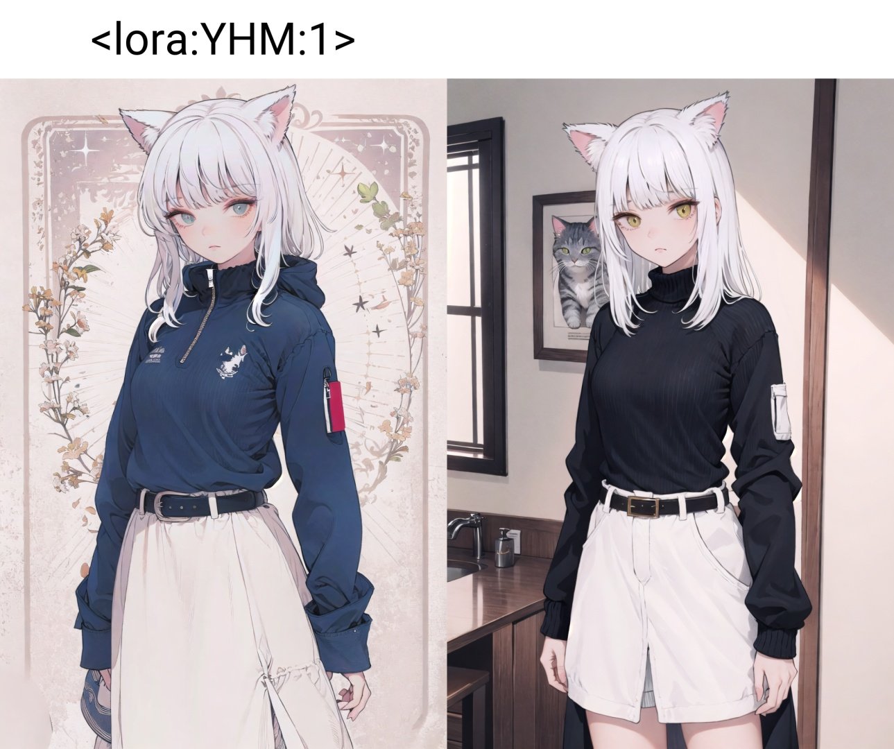 1girl, solo, white hair, belt, long sleeves, long hair, bangs,Shirt,sweater,long windbreaker, upper body, looking at viewer, cowboy shot,(cat_ears), <lora:YHM:1>