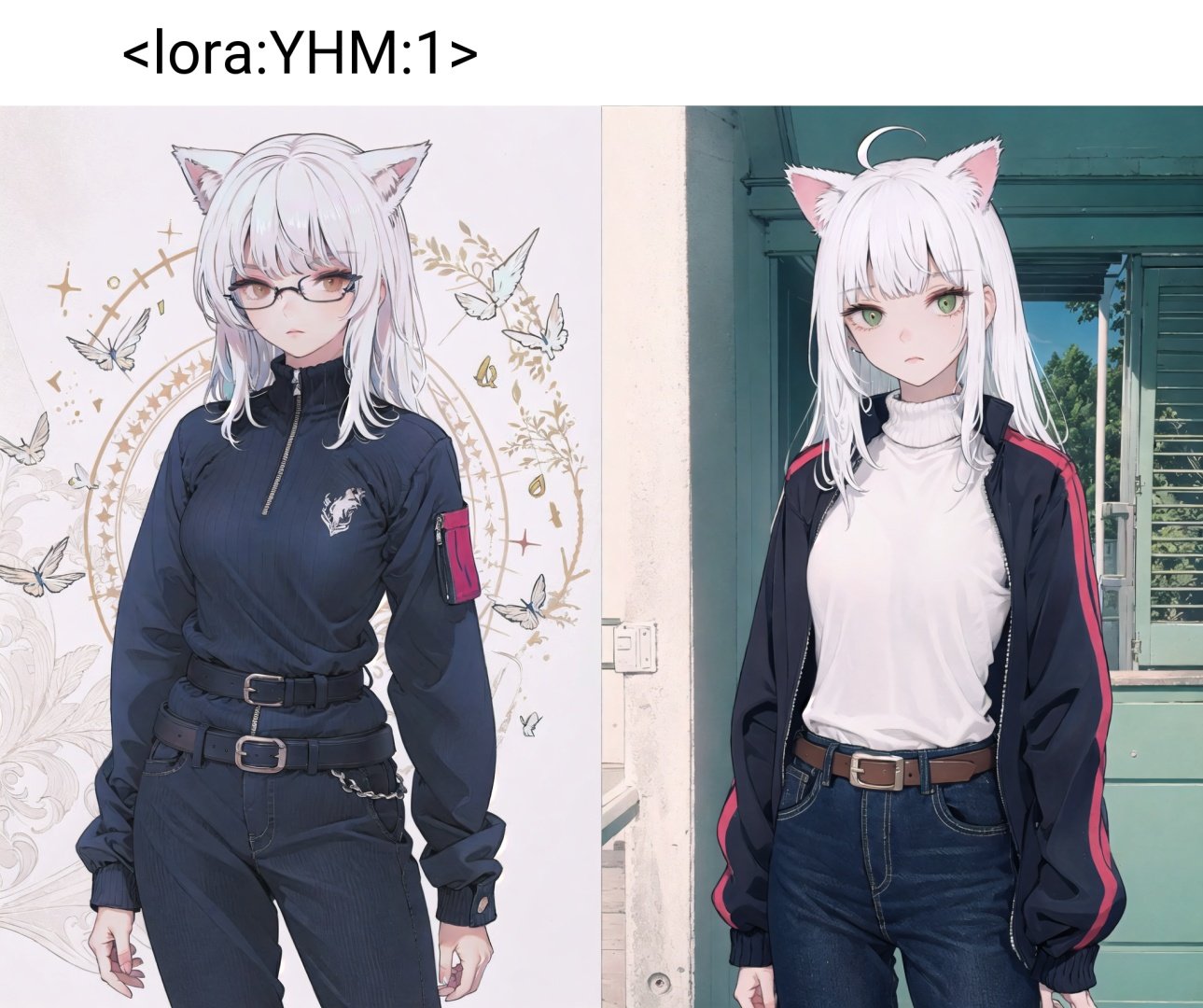 1girl, solo, white hair, belt, long sleeves, long hair, bangs,Shirt,sweater,long windbreaker, upper body, looking at viewer, cowboy shot,(cat_ears), <lora:YHM:1>