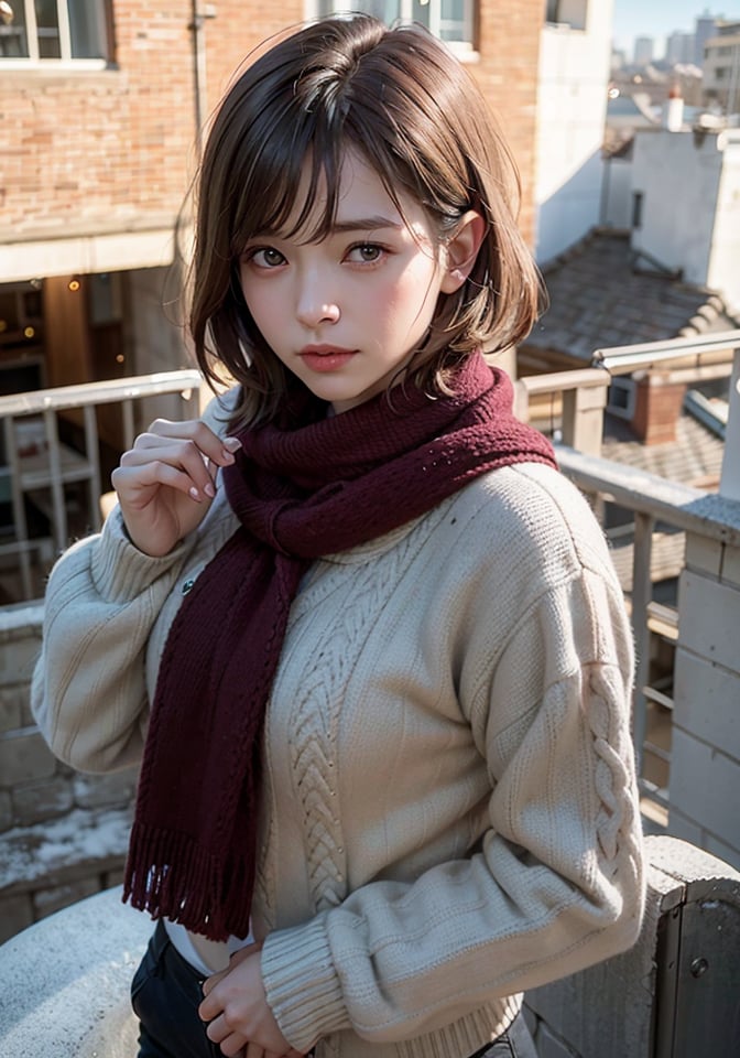 <(photorealistic:1.4), (extremely intricate:1.2)>, pale skin, 1girl, solo, red scarf, hair over one eye, short hair, looking at viewer, ribbed sweater, own hands together, outdoors, brown hair, brown eyes, pants, long sleeves, black sweater, closed mouth, railing, rooftop, old city, rune factory, winter, BREAK,  <(exquisitely detailed skin), cinematic light, ultra high res, 8k uhd, film grain, perfect anatomy, best shadow, delicate, RAW>,