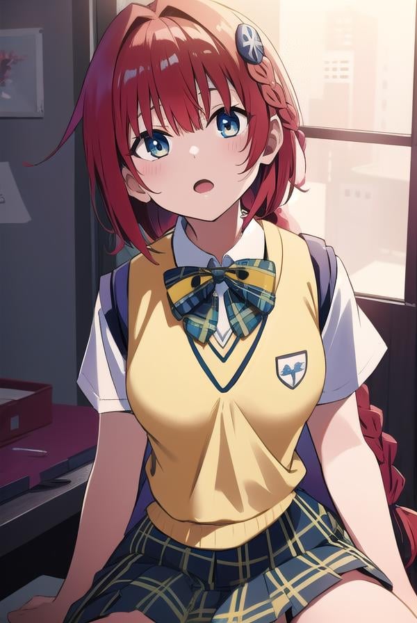 meakurosaki, <lyco:meakurosaki-LYCORIStest:1>,mea kurosaki, ahoge, blue eyes, braid, hair intakes, hair ornament, long hair, red hair, hair braid,BREAK green skirt, plaid, plaid skirt, sainan high school uniform, school uniform, skirt, shirt, white shirt, sweater vest, (yellow sweater vest:1.5),BREAK looking at viewer,BREAK indoors, classroom,BREAK <lora:GoodHands-vanilla:1>, (masterpiece:1.2), best quality, high resolution, unity 8k wallpaper, (illustration:0.8), (beautiful detailed eyes:1.6), extremely detailed face, perfect lighting, extremely detailed CG, (perfect hands, perfect anatomy),