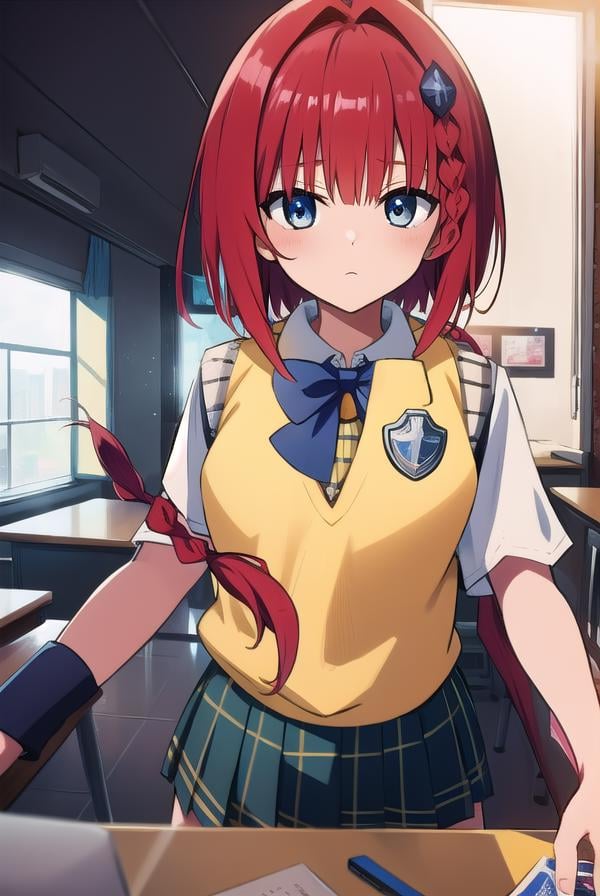 meakurosaki, <lyco:meakurosaki-LYCORIStest:1>,mea kurosaki, ahoge, blue eyes, braid, hair intakes, hair ornament, long hair, red hair, hair braid,BREAK green skirt, plaid, plaid skirt, sainan high school uniform, school uniform, skirt, shirt, white shirt, sweater vest, (yellow sweater vest:1.5),BREAK looking at viewer,BREAK indoors, classroom,BREAK <lora:GoodHands-vanilla:1>, (masterpiece:1.2), best quality, high resolution, unity 8k wallpaper, (illustration:0.8), (beautiful detailed eyes:1.6), extremely detailed face, perfect lighting, extremely detailed CG, (perfect hands, perfect anatomy),