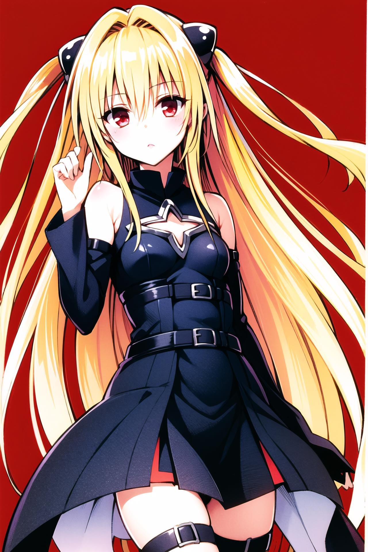 konjiki no yami, 1girl, solo, long hair, blonde hair, book, thigh strap, detached sleeves, very long hair, red eyes, white background, holding, two side up, cleavage cutout, hair ornament, holding book, breasts, clothing cutout, simple background, looking at viewer, bare shoulders, thighhighs, cowboy shot, small breasts, black dress, belt, <lora:Yabuki Kentarou_v2:0.8>