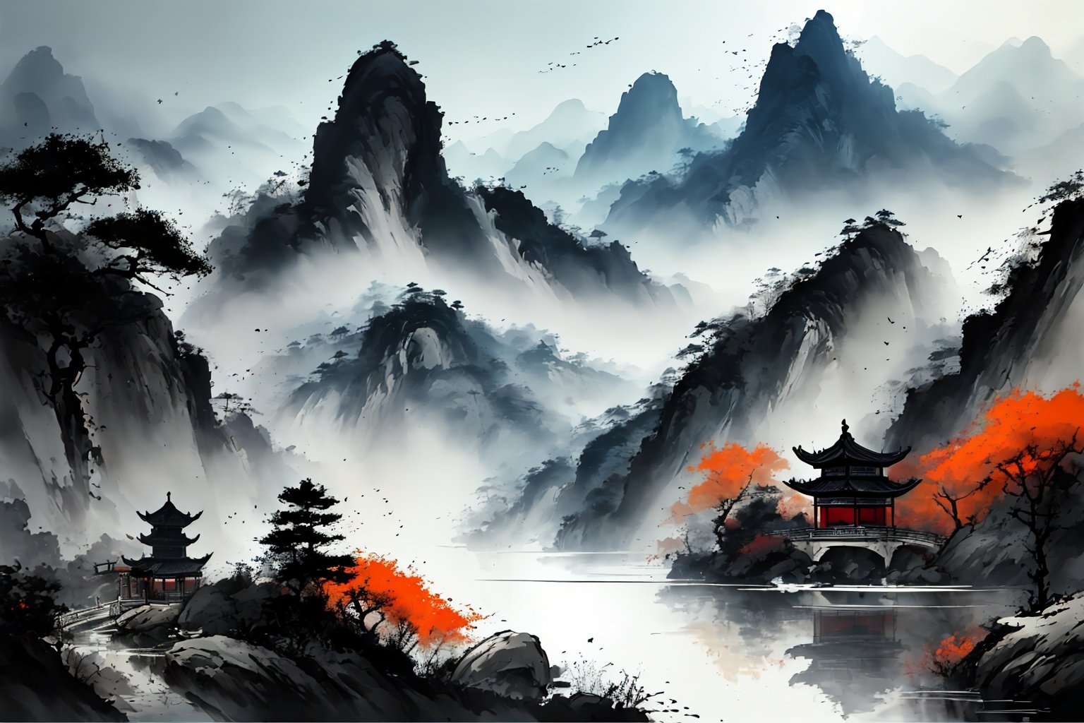  depicts a landscape in the style of the Song Dynasty, using meticulous brushwork combined with a touch of freehand brushwork. Among the layered mountains and peaks, pine trees grow, and there is a light green lake with a mirror-like surface. A stone bridge with a pavilion connects two mountains. In the distance, there are continuous far-off mountains and a pale blue sky ((without any clouds)), The setting sun hangs in the sky, creating a captivating scene,claborate-style painting,pixel world,a photo of shanshui by jinliang, macron