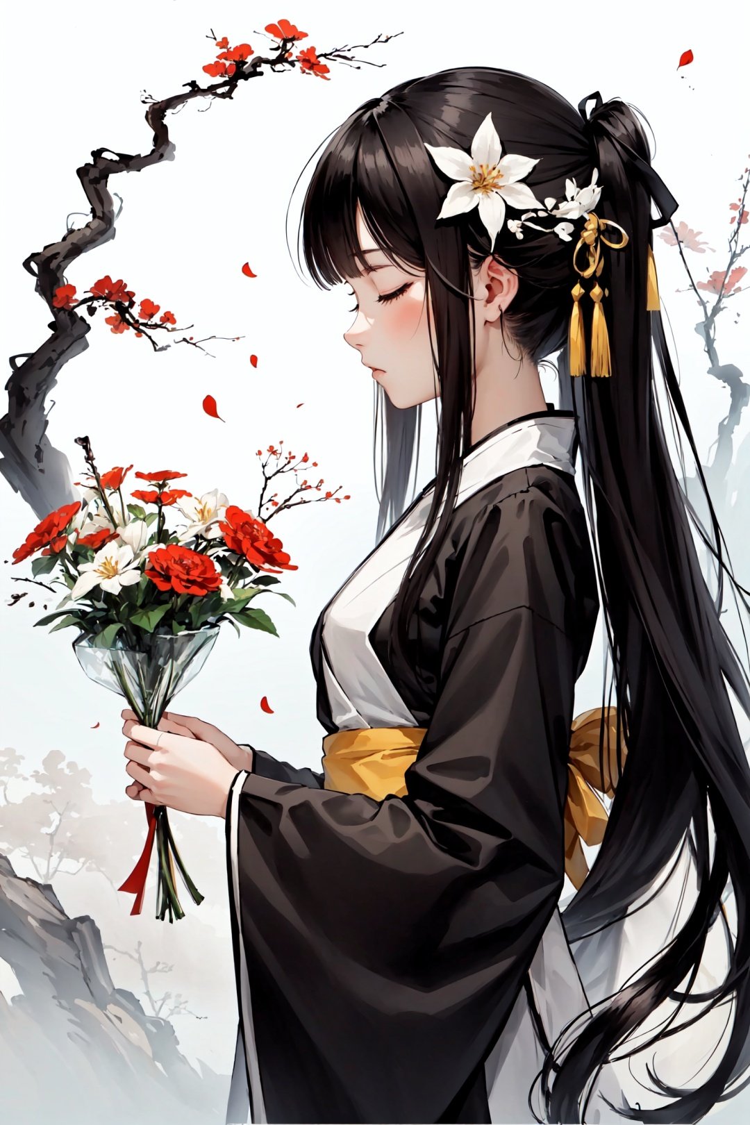 1girl,hair ornament,long hair,solo,flower,hair flower,black hair,white background,bug,long sleeves,butterfly,bangs,simple background,holding,wide sleeves,upper body,half-closed eyes,hanfu,chinese clothes,ribbon,petals,from side,blunt bangs,dress,looking down,very long hair,closed mouth,profile,holding flower,