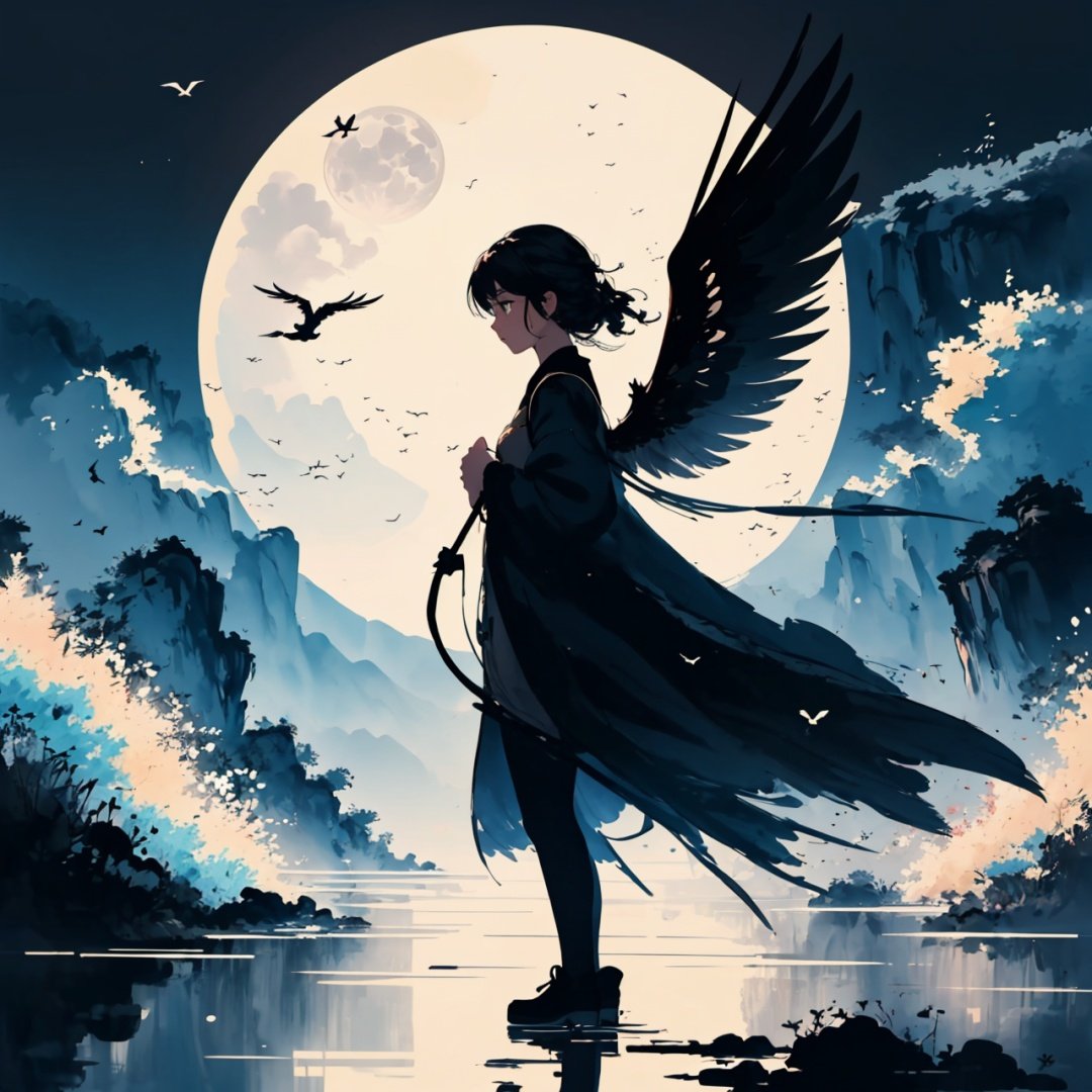  Masterpiece,bestquality,highdefinition, ,fudiaoxy , no humans, black background, bird, simple background, sun, cloud, animal focus, wings, solo, moon, litihua_xy,the girl standing water