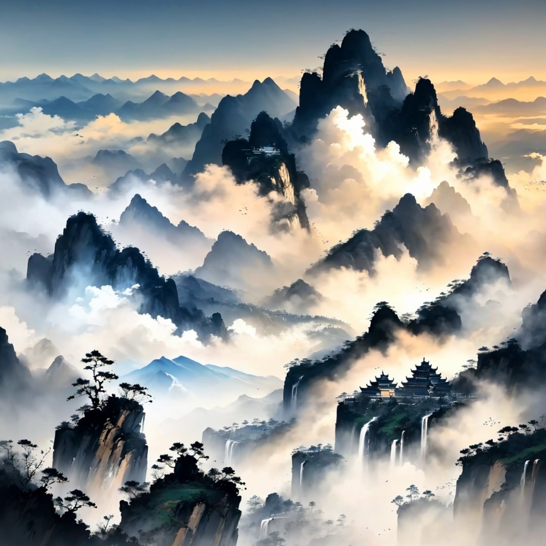 Clouds, Sky, Mountains,,SFW, (masterpiece:1,2), best quality, masterpiece, highres, original, extremely detailed wallpaper, perfect lighting,(extremely detailed CG:1.2),  ,guochaochahua,