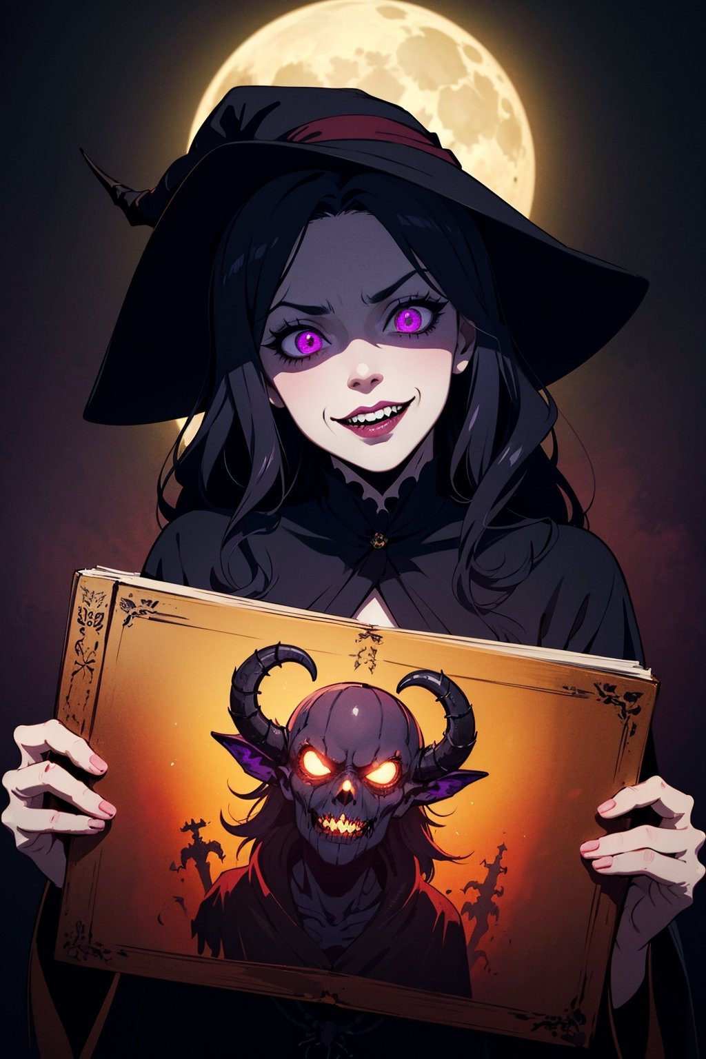 (best quality,4k,8k,highres,masterpiece:1.2),ultra-detailed,(realistic,photorealistic,photo-realistic:1.37),creepy,spooky,halloween theme,anime girl,halloween makeup,detailed eyes,detailed lips,long eyelashes,wavy black hair,evil smile,bloody red lipstick,gloomy atmosphere,haunted background,glowing pumpkin,witch hat,black robe,eerie lighting,horror anime style,dark purple color palette,ghostly aura,scary expression,menacing grin,sinister vibe,gothic aesthetic,witchcraft,witchy vibes,cobwebs,spellbook,curled horns,witchy cat,full moon,haunted mansion,trick or treat,spider webs,creepy crawlies,nightmare fuel