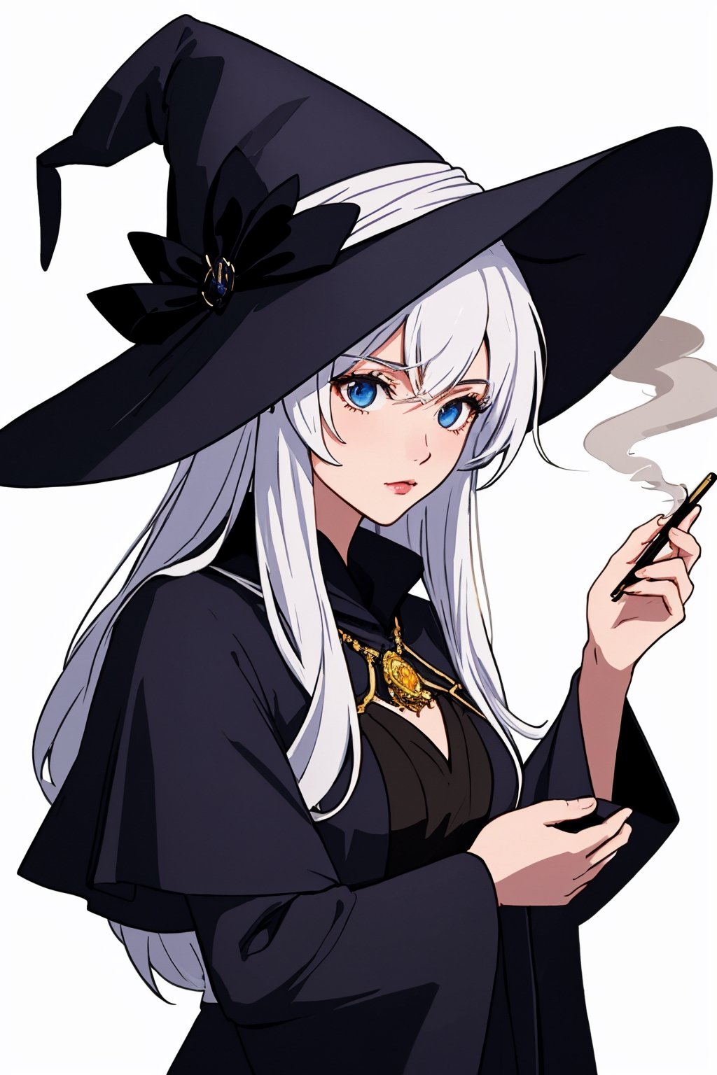 (masterpiece:1.2), best quality, PIXIV artwork, An enchanting depiction of Elaina, a captivating smoking girl with stunning white hair, elegantly adorned with a bewitching witch hat, set against a clean and minimalist white background. This PIXIV masterpiece captures the essence of Elaina's mysterious charm and adds a touch of artistic excellence to her presence.