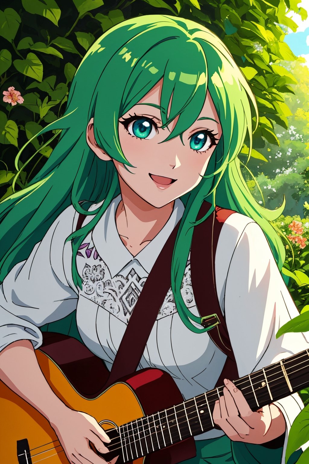 (best quality, 4k, highres), vibrant colors, lively atmosphere, anime-style, portraits, beautiful detailed eyes, charming smile, long flowing hair, stylish clothes, confident pose, sunlight filtering through leaves, colorful flowers, lush green garden, intricate guitar details, harmonious composition, expression of joy and passion.