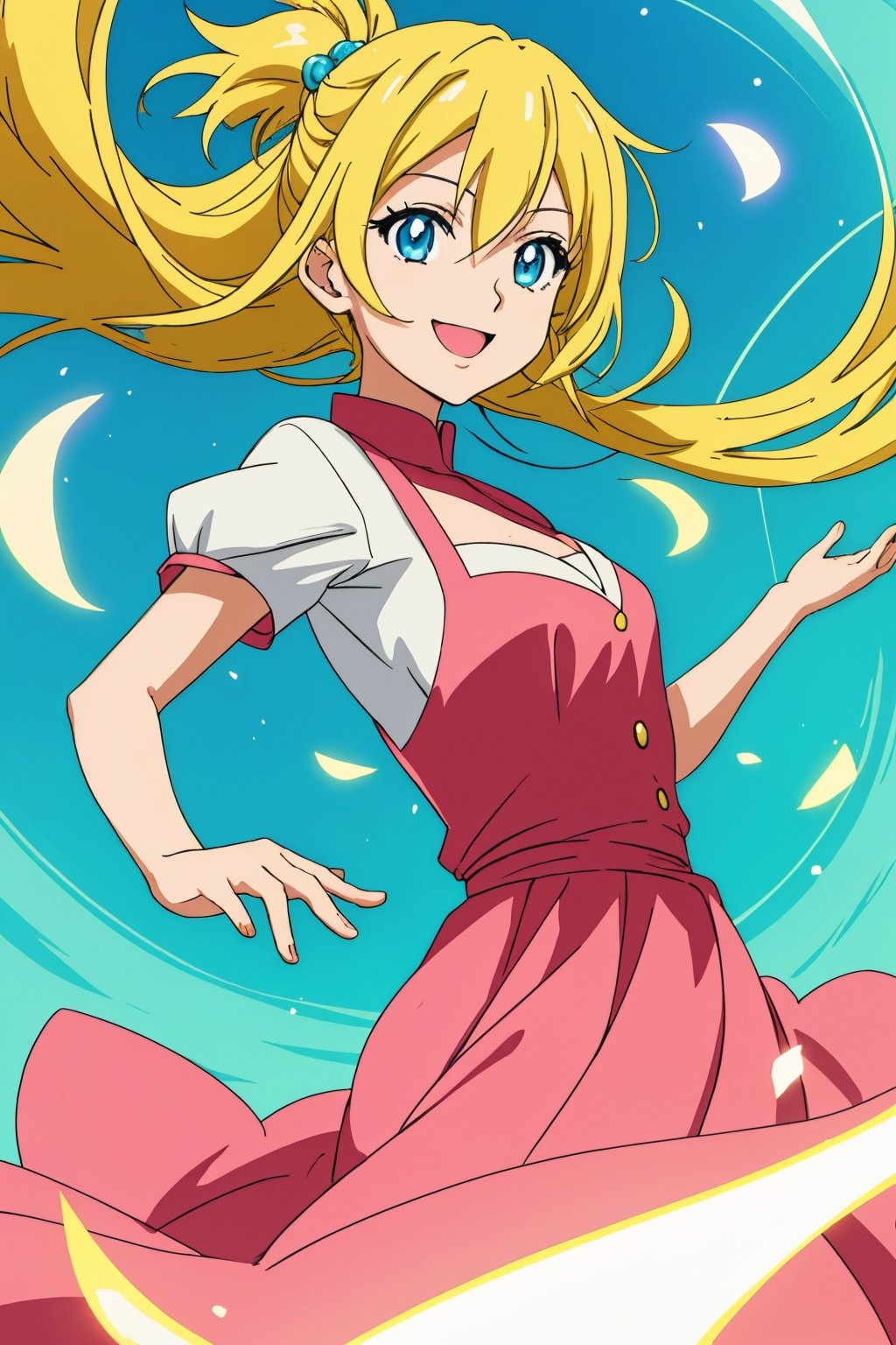 (best quality, vivid colors, anime:1.1), detailed eyes and face, flowing dress, vibrant background, gentle sunlight, cheerful expression, dynamic pose, artistic lighting