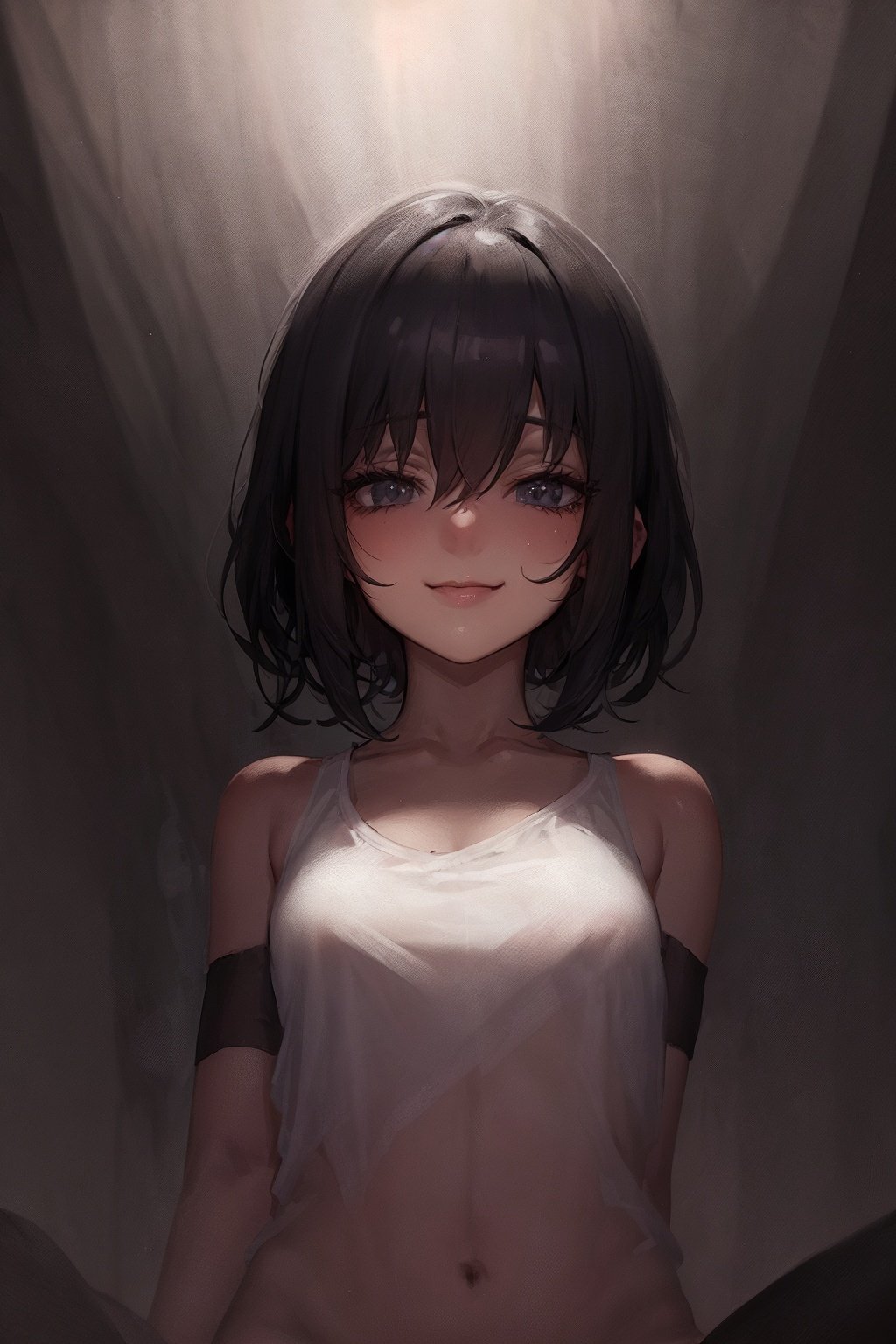  1girl,smirkshort hair,in the dark,deep shadow,