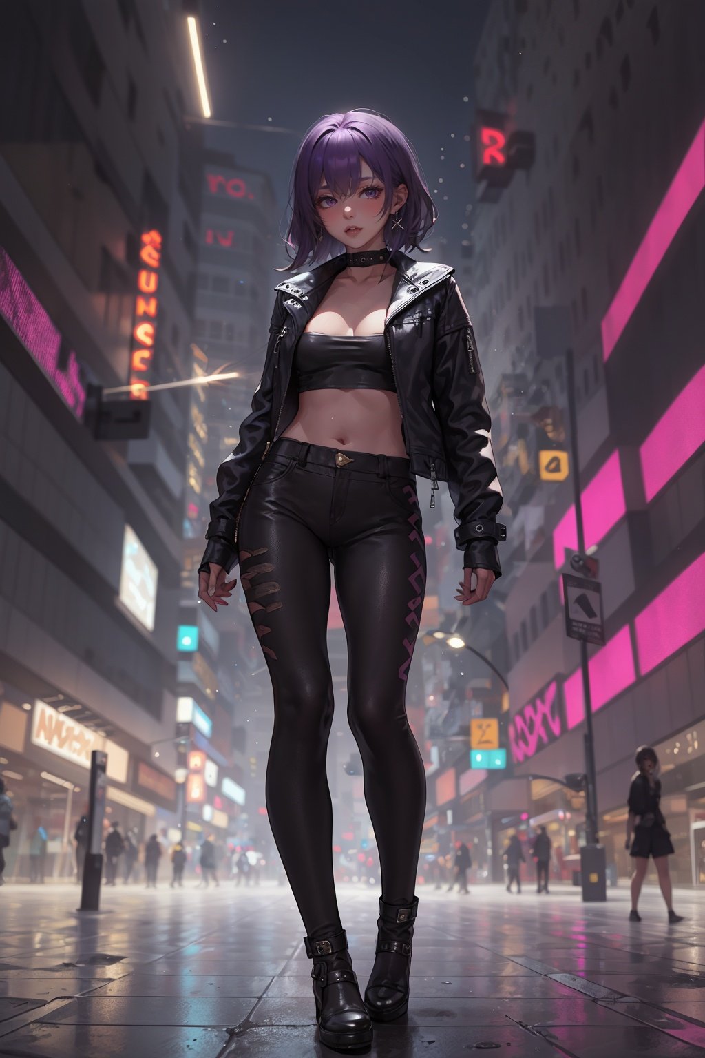 1girl,Leather clothes, leather pants,purple hair,Earrings,Cyberpunk style,