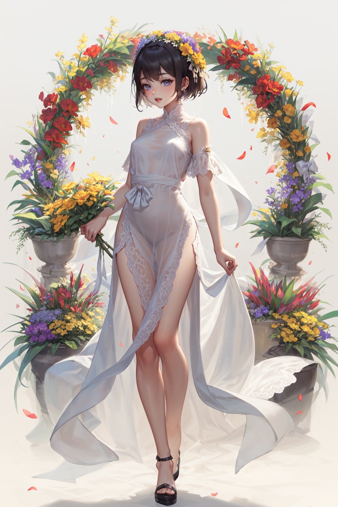  1girl,short hair,long dress,flowers, qingsha