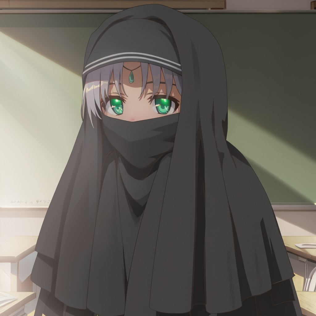 ayse_khadim,  green_eyes, black_robe, veil, classroom, standing, upper body,  <lora:ayse_khadim_v1:0.8>, masterpiece, best quality