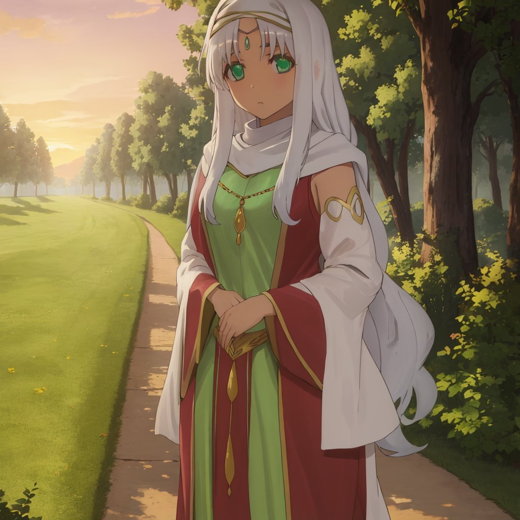 ayse_khadim,  long arabian clothes,  green eyes, circlet, park, sunset, standing, nature <lora:ayse_khadim_v1:0.8>, masterpiece, best quality