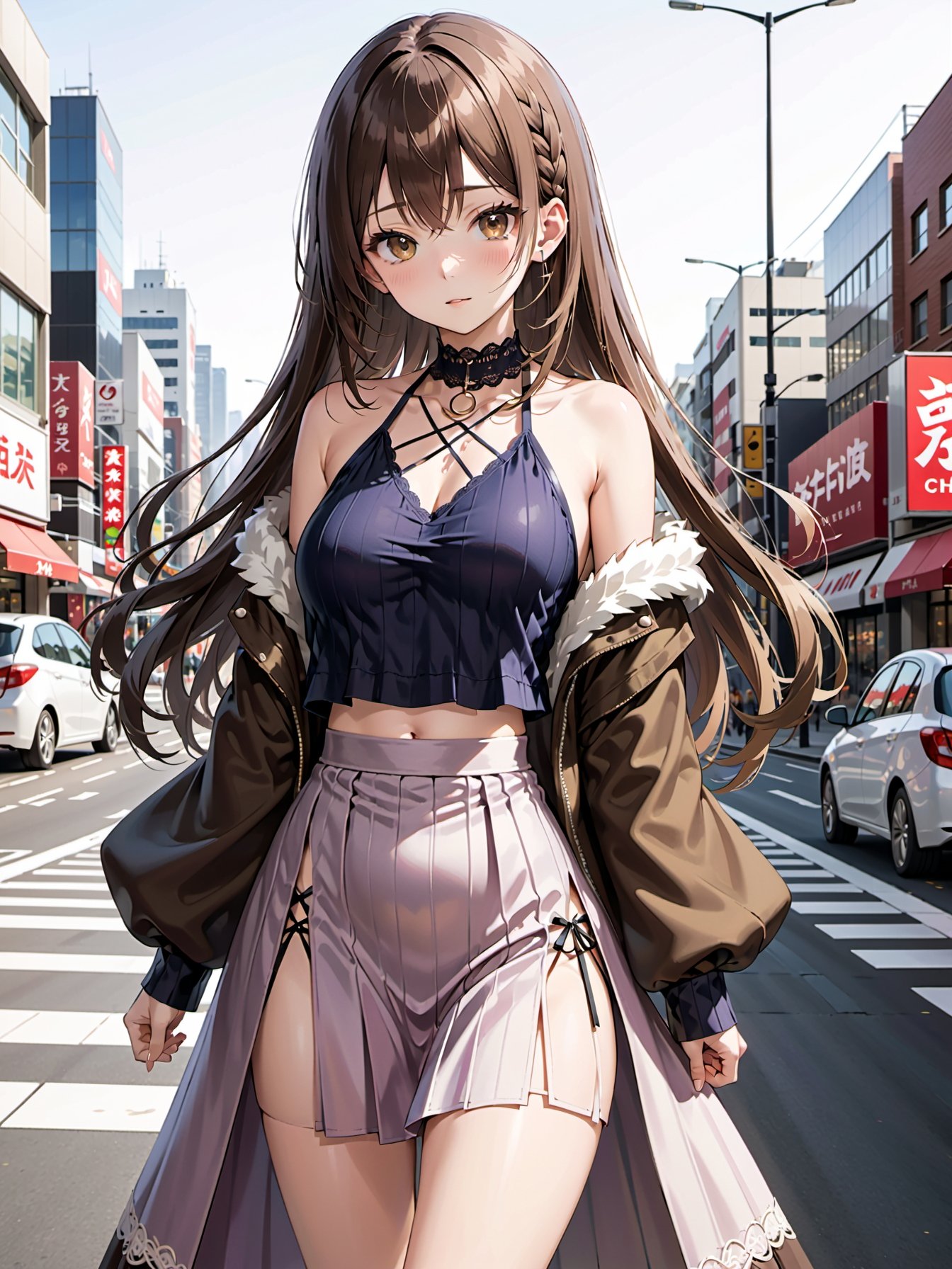 1girl,fur coat,japanese Akihabara city daytime, ,lace knit long skirt choker , ,brown hair, absurdly long hair, flipped hair, twin braids hair, asymmetrical bangs bangs, ,slender magnificent medium boob, ,full body,