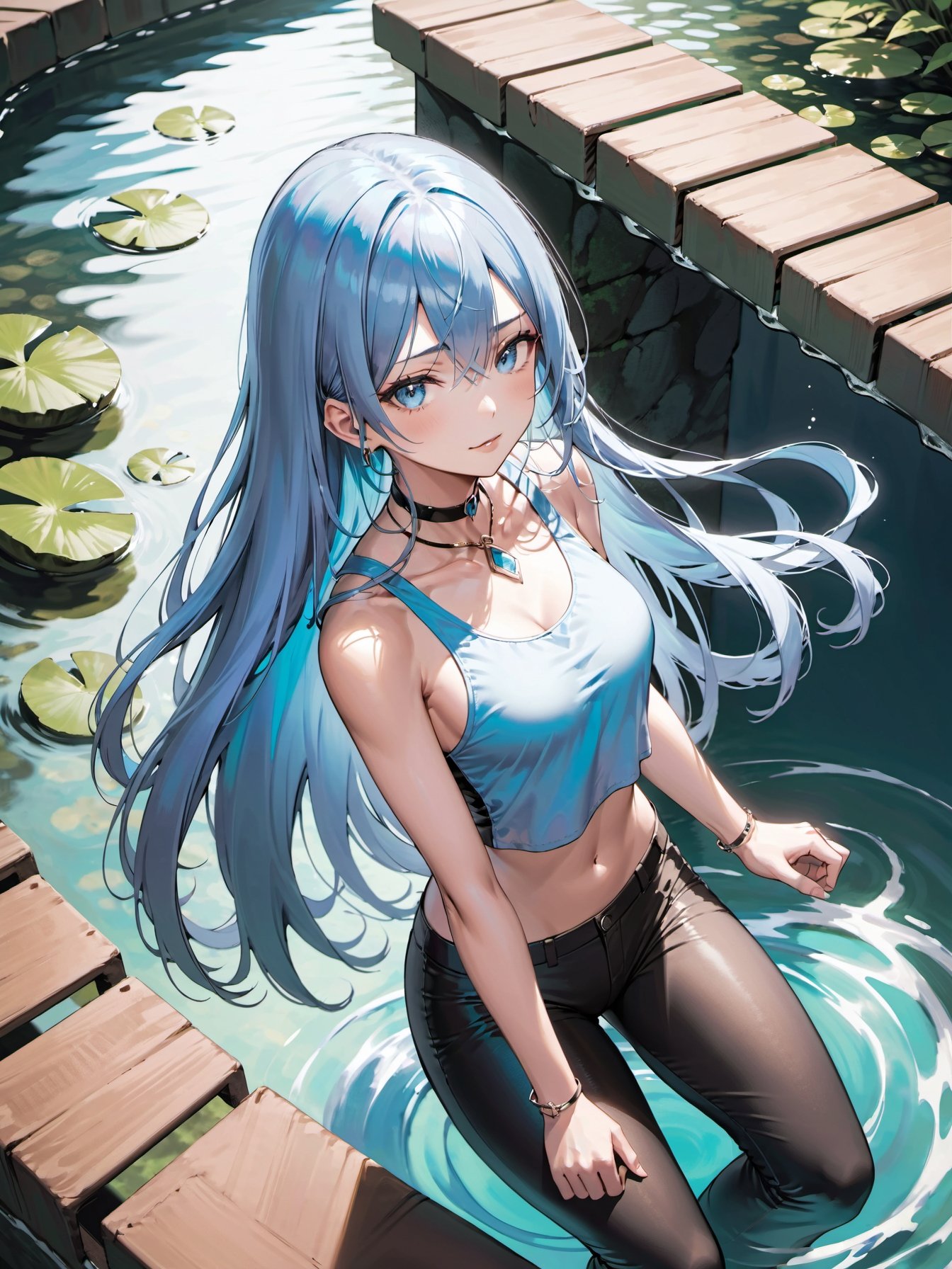 1girl,solo,light blue long hair,hair,tank top cropped pants choker,fantasy rivers daytime,from above,