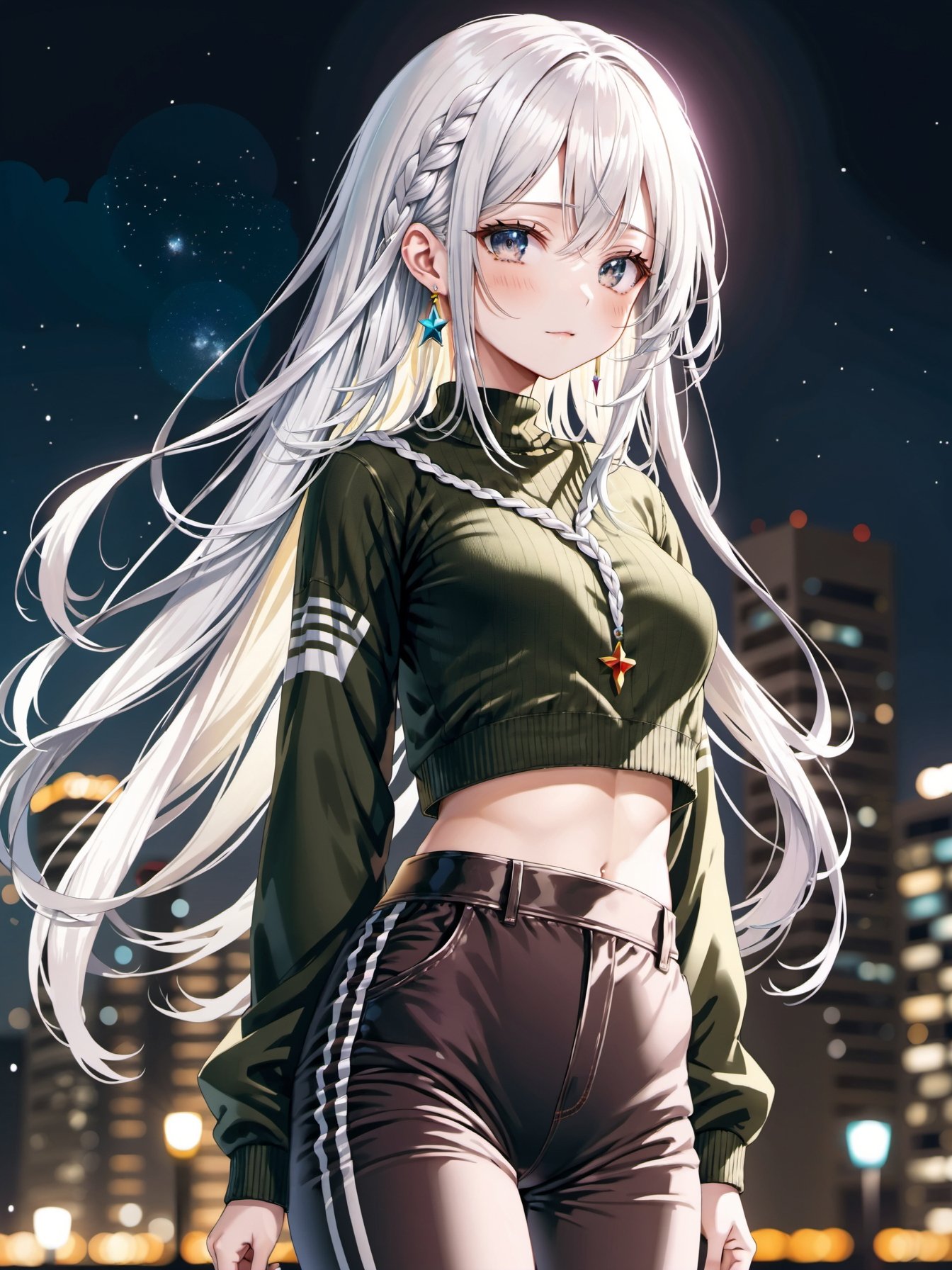 1girl,garment,new ground nighttime, ,military open-chest sweater cropped pants earrings , ,white hair, very long hair,  braid hair,  bangs, ,narrow waist tender small boob, ,from below,