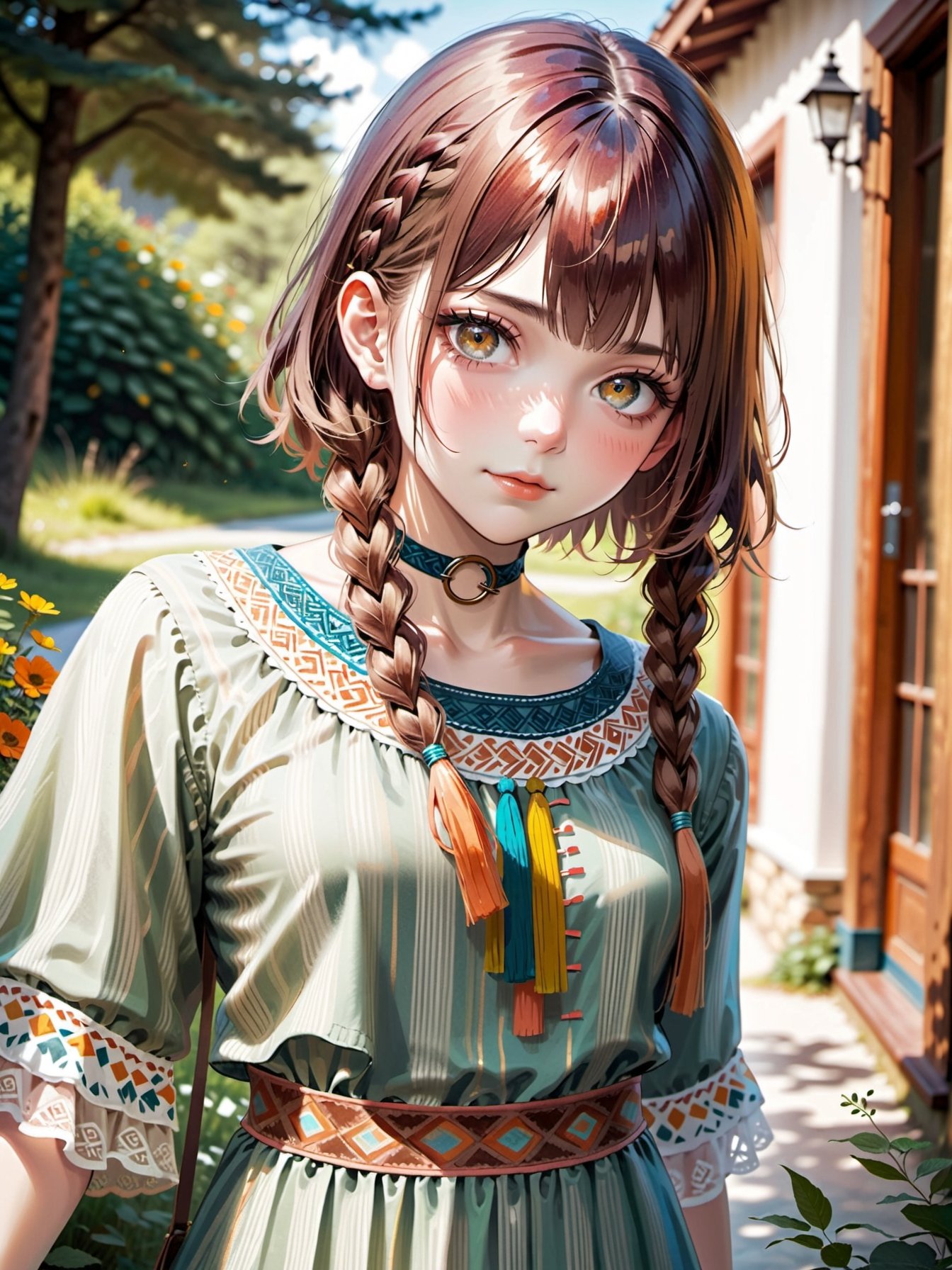 1girl,mahogany hair,short hair, twin braids hair, asymmetrical bangs bangs,,Create a bohemian-style image, with eclectic patterns, earthy colors, and a sense of free-spiritedness and individuality.,