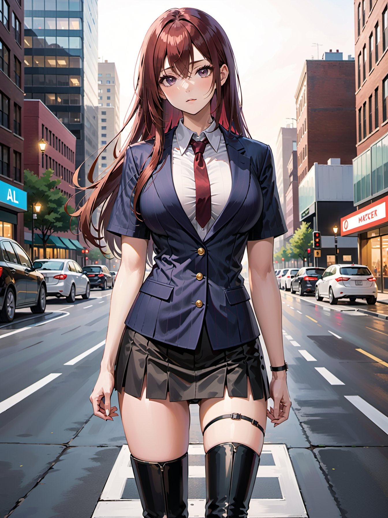 1girl,blazer short-sleeved shirt,dark street city evening, , gothic clothes arm straps thigh boots, ,auburn hair, very long hair, straight hair, high ponytail hair, hair between eyes bangs, ,skinny ripe huge boob, ,very wide shot,