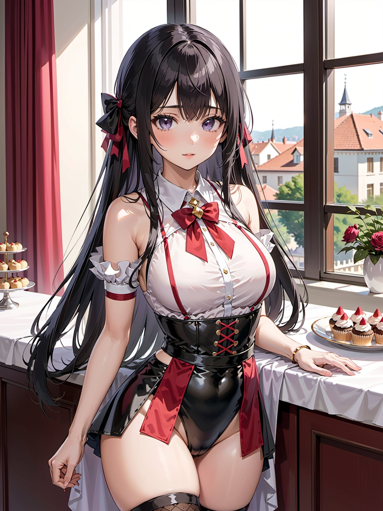 1girl,patissier uniform,decadent hotel daytime, , fortune teller garter belt , ,black hair, absurdly long hair,   swept bangs bangs, ,slender  hanging boob, ,close to viewer,