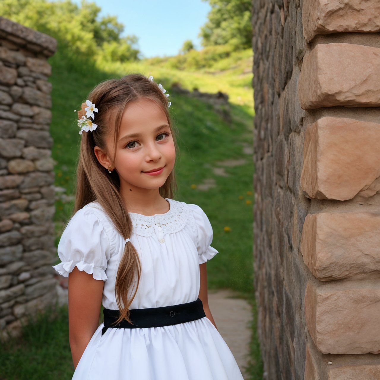 SFW, HD quality, HD, HQ, 4K, view from below, profile of charming (AIDA_LoRA_liliyay:1.13) posing for a picture in front of stone wall, outdoors, sunlight, cute girl, pretty face, white and black dress, flower in her hair, naughty, funny, happy, playful, cinematic, dramatic, insane level of details, intricate pattern, studio photo, kkw-ph1, hdr, f1.6