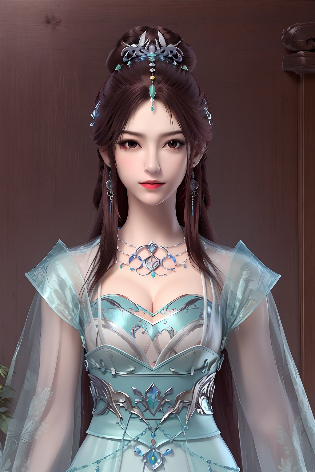 masterpiece,(best quality),official art, extremely detailed cg 8k wallpaper,((crystalstexture skin)), (extremely delicate and beautiful),highly detailed,1girl,solo,long hair,headwear,,(brown hair),(closed mouth),(standing),(chinese clothing),dress,Headwear, jewelry,,looking at the audience,Facing the camera,indoor,Street, Sunny,(whole body),looking_at_viewer, (cleavage, medium breasts), upper body, <lora:hipoly3DModelLora_v10:0.3>