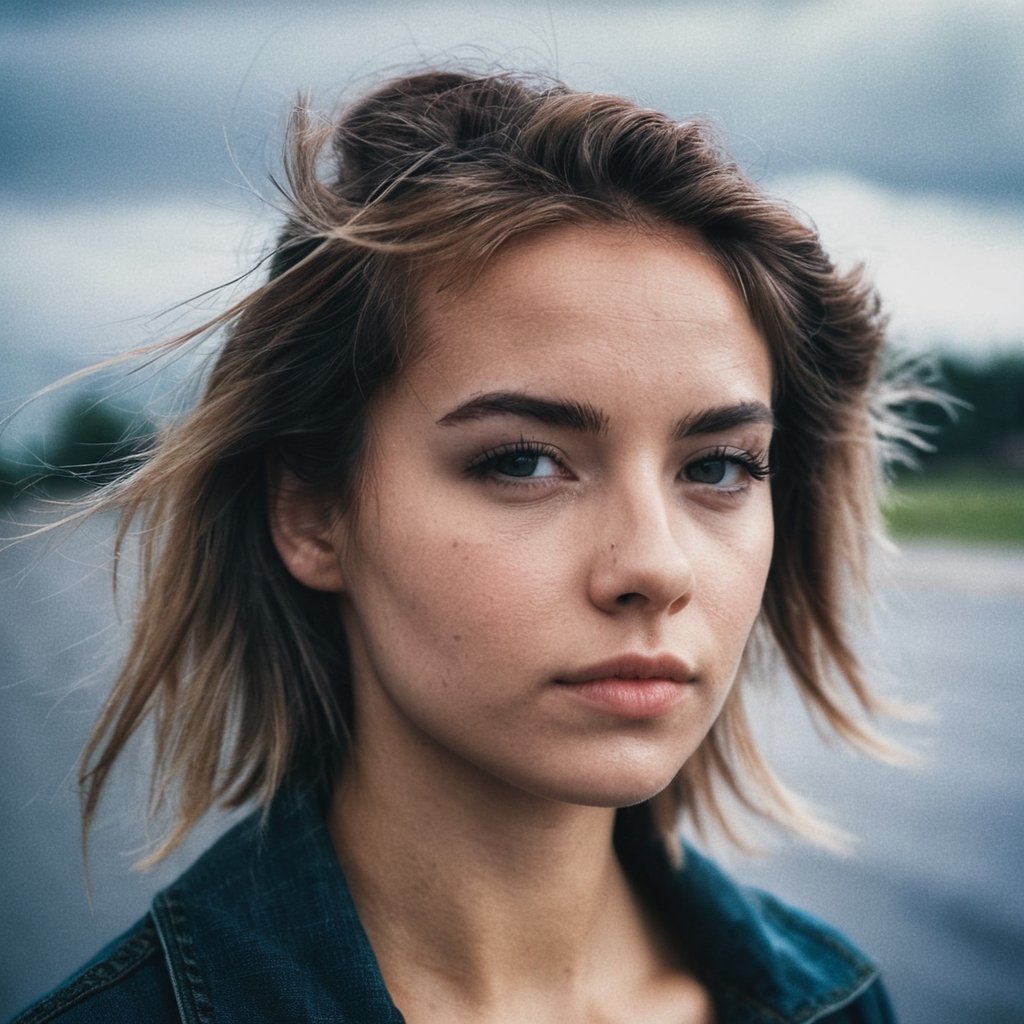front shot, portrait photo of a cute 22 y.o woman, looks away, full lips, natural skin, skin moles, stormy weather, (cinematic, film grain:1.1)