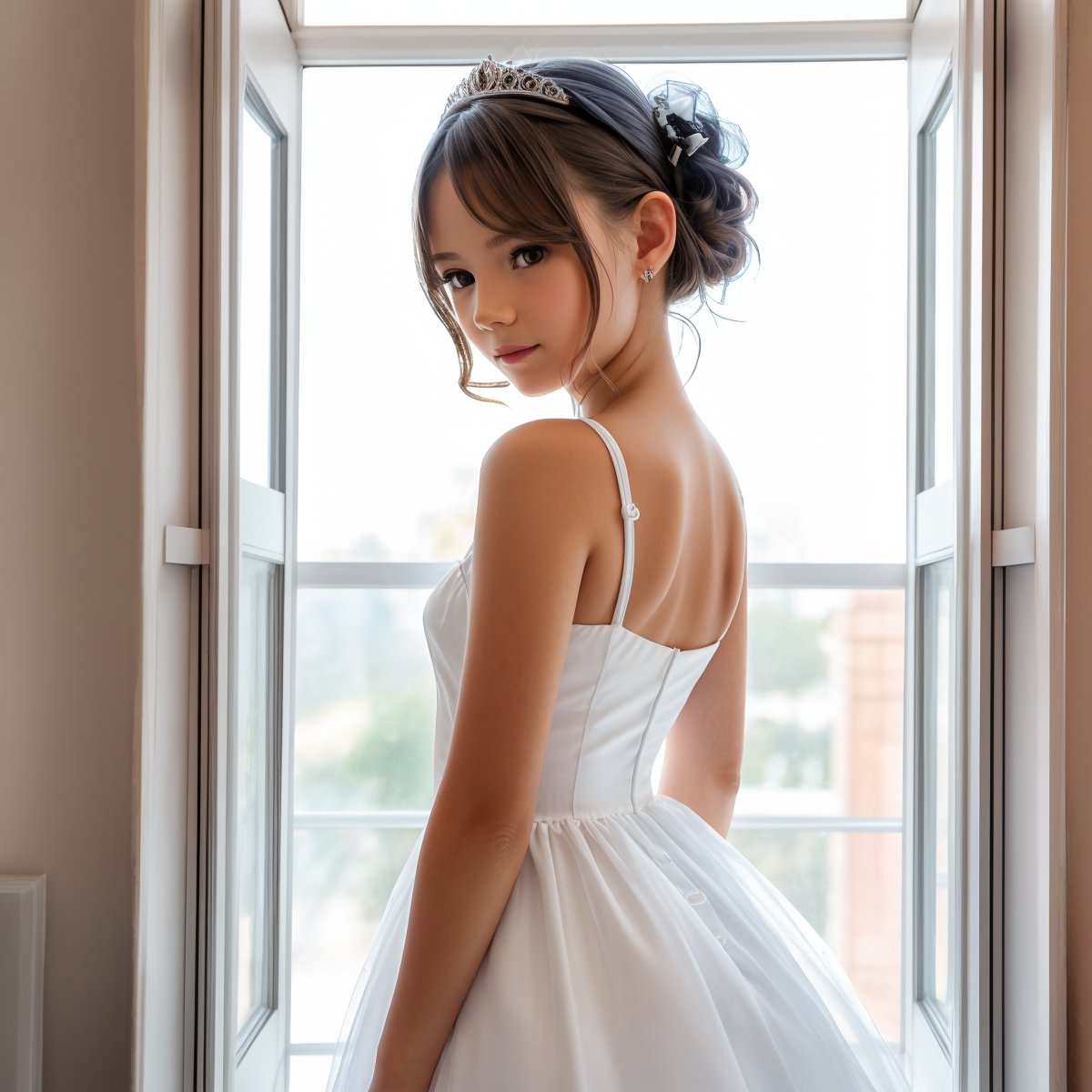 SFW, (masterpiece:1.3), view from below, portrait of beautiful (AIDA_LoRA_ElonaV:1.04) <lora:AIDA_LoRA_ElonaV:0.74> standing next to the window, window covered with red curtains, backlight, cute girl, pretty face, white and black dress, tiara, naughty, funny, happy, playful, intimate, flirting, cinematic, hyper realistic, studio photo, kkw-ph1, hdr, f1.6