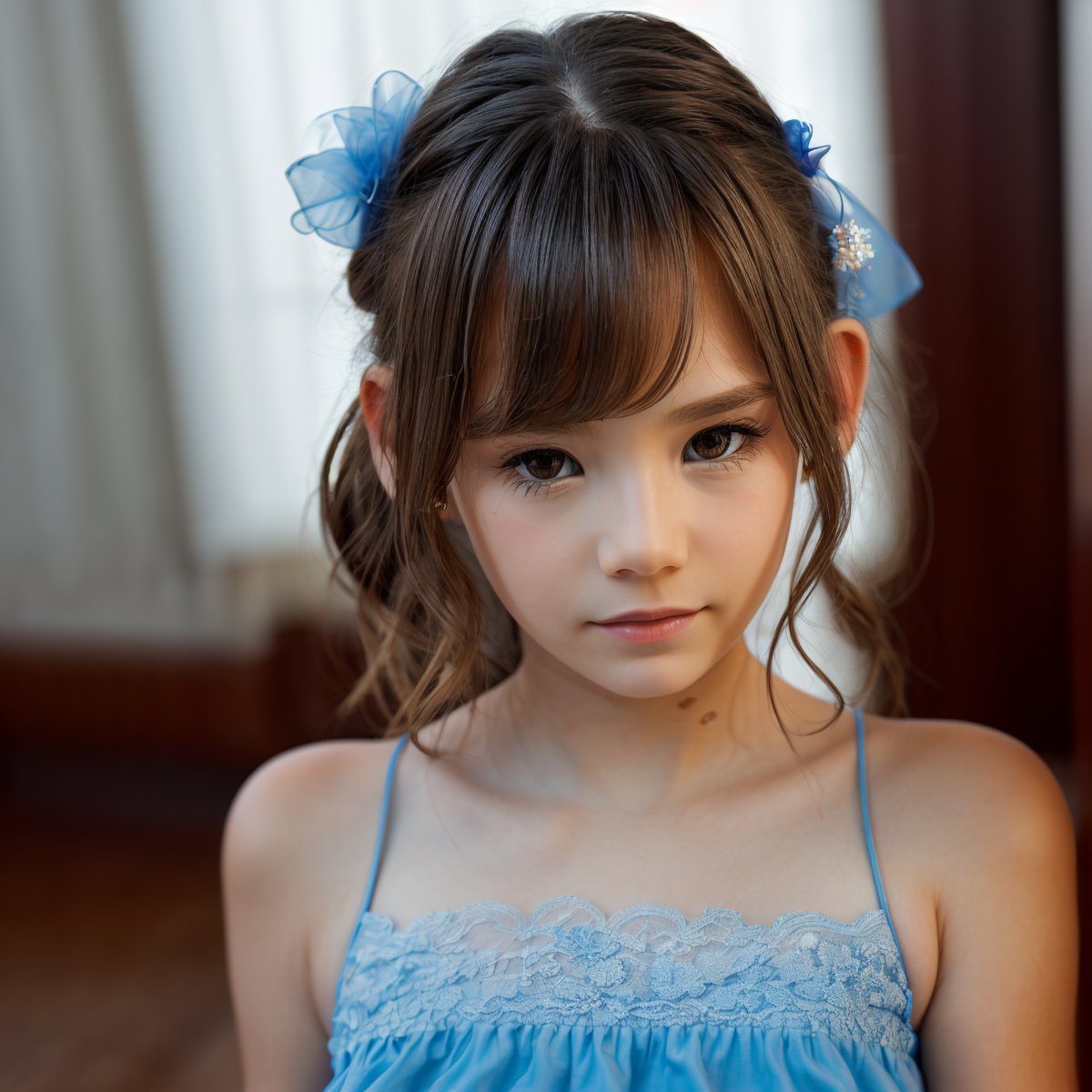 SFW, (masterpiece:1.3), best quality, extra resolution, view from above, close up of beautiful (AIDA_LoRA_ElonaV:1.27) <lora:AIDA_LoRA_ElonaV:0.85> standing next to the blue drape, little girl, pretty face, blue dress, seductive, intricate pattern, studio photo, kkw-ph1, hdr, f1.8